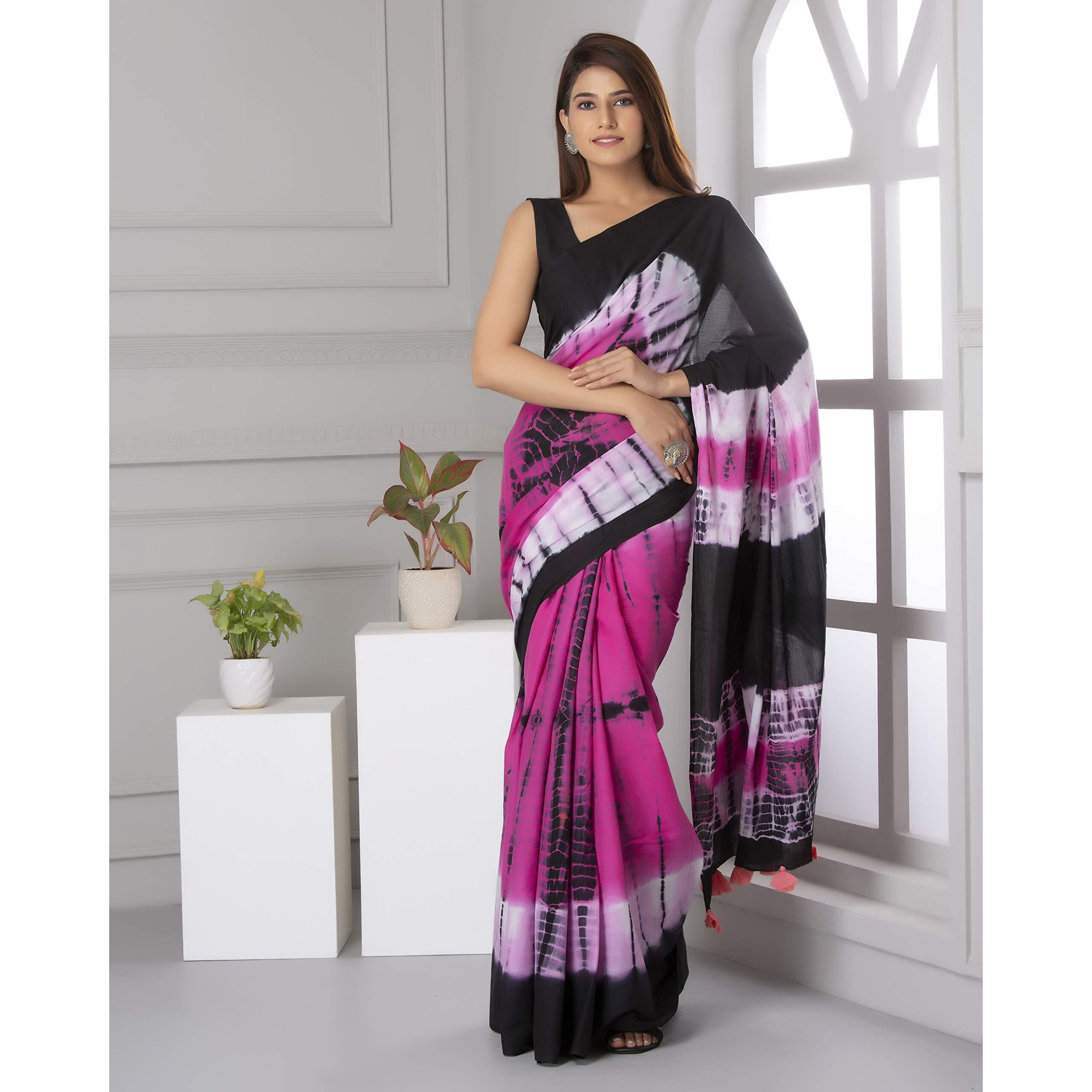 Kiaaron Womens Hand Block Kalamkari Batik Bagru Jaipuri Ikat Printed Handloom Pure Cotton Mulmul Traditional Ethnic Cotton Sarees With Printed Blouse Piece - Pink
