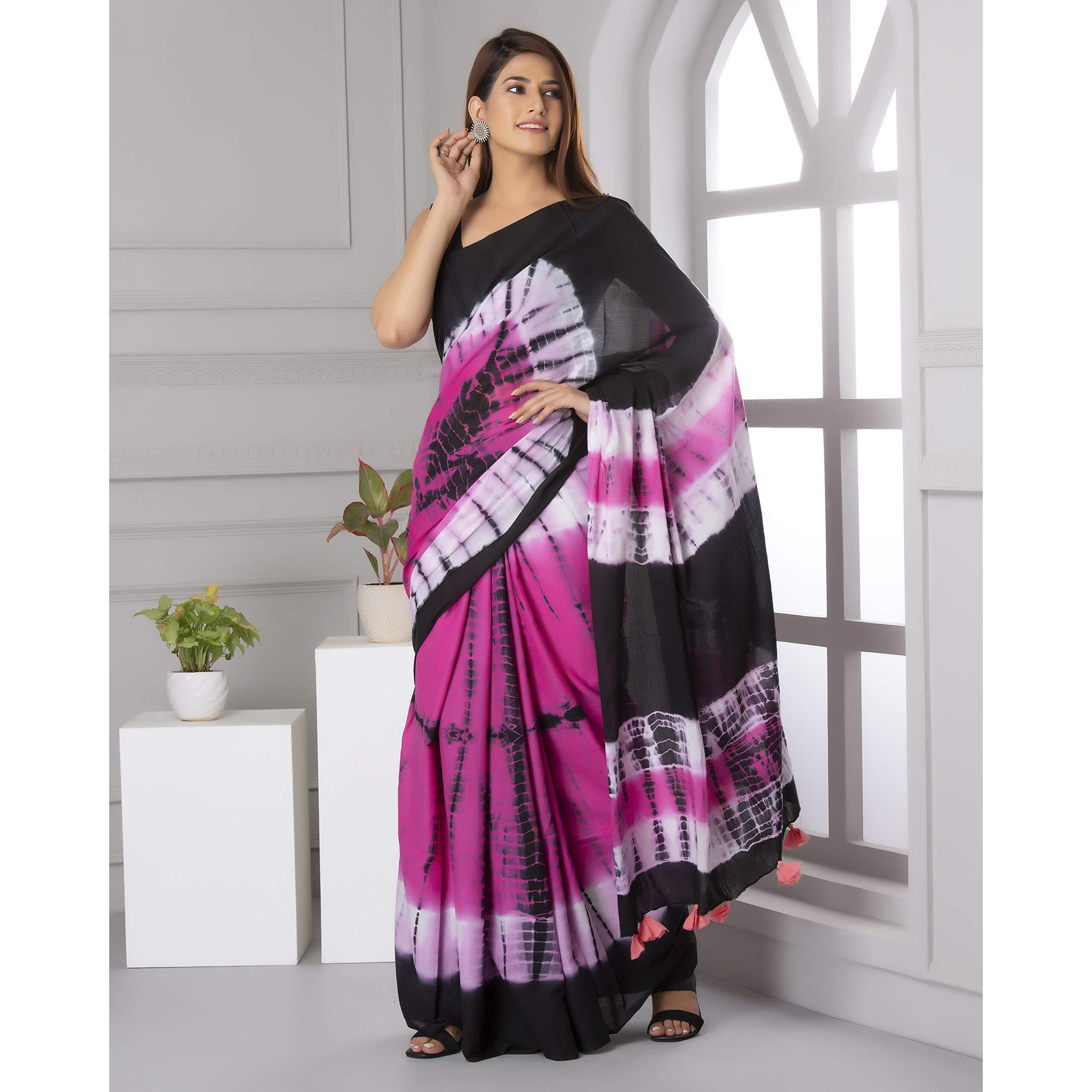 Kiaaron Womens Hand Block Kalamkari Batik Bagru Jaipuri Ikat Printed Handloom Pure Cotton Mulmul Traditional Ethnic Cotton Sarees With Printed Blouse Piece - Pink