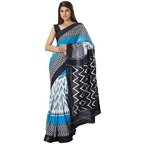 Kiaaron Womens Hand Block Kalamkari Batik Bagru Jaipuri Ikat Printed Handloom Pure Cotton Mulmul Traditional Ethnic Cotton Sarees With Printed Blouse Piece - White_Blue