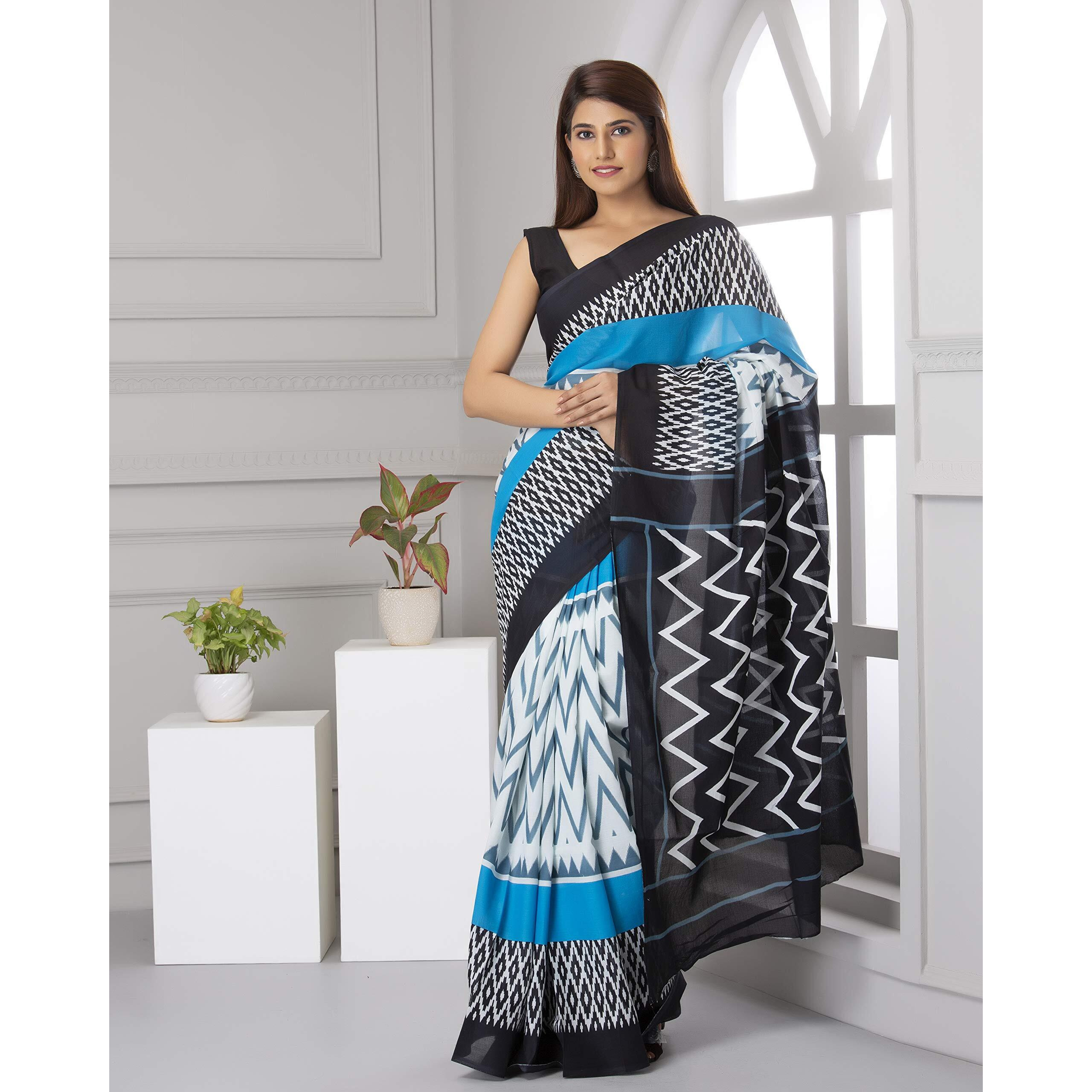 Kiaaron Womens Hand Block Kalamkari Batik Bagru Jaipuri Ikat Printed Handloom Pure Cotton Mulmul Traditional Ethnic Cotton Sarees With Printed Blouse Piece - White_Blue