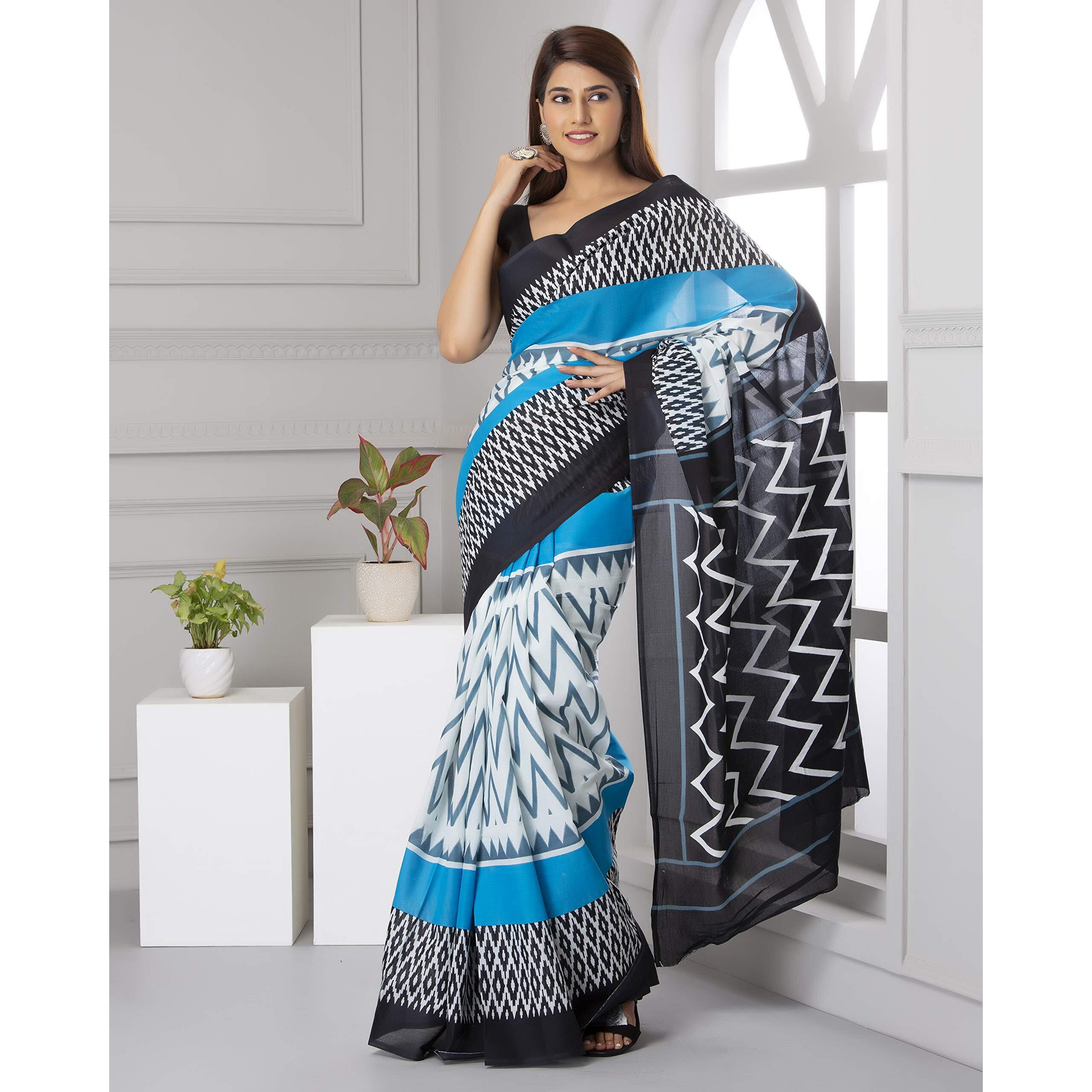 Kiaaron Womens Hand Block Kalamkari Batik Bagru Jaipuri Ikat Printed Handloom Pure Cotton Mulmul Traditional Ethnic Cotton Sarees With Printed Blouse Piece - White_Blue