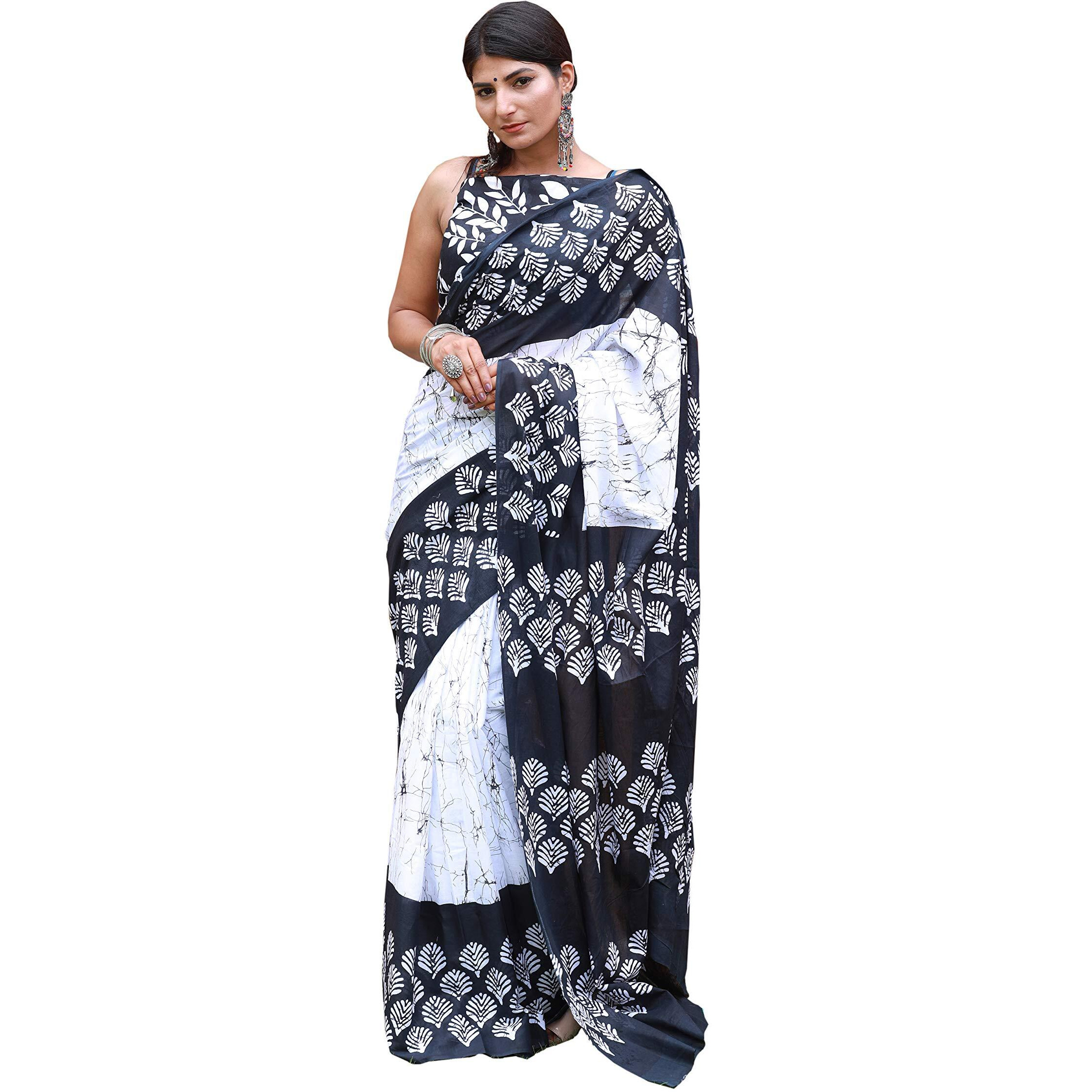 Kiaaron Womens Hand Block Kalamkari Batik Bagru Jaipuri Ikat Printed Handloom Pure Cotton Mulmul Traditional Ethnic Cotton Sarees With Printed Blouse Piece - White_Black
