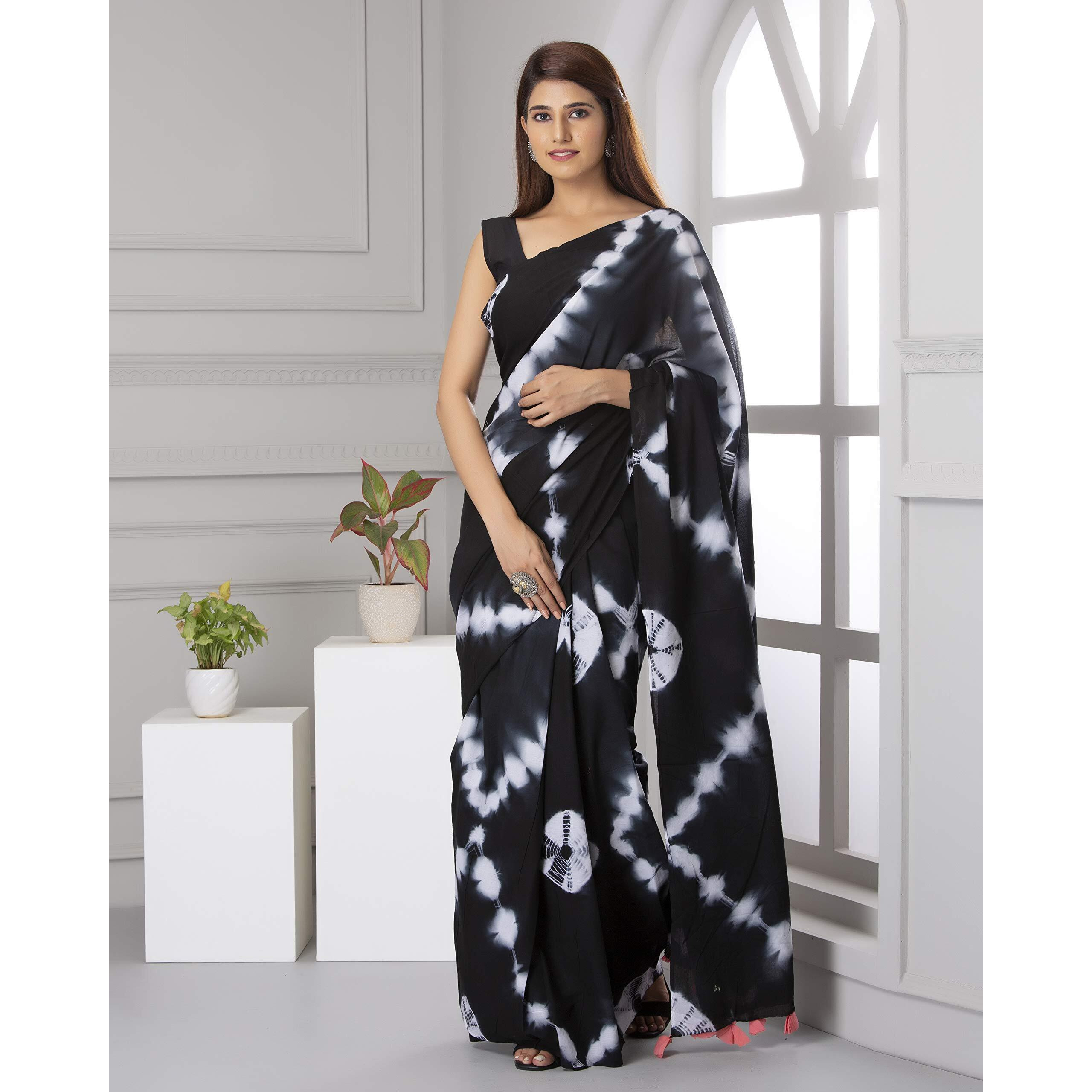 Kiaaron Womens Hand Block Kalamkari Batik Bagru Jaipuri Ikat Printed Handloom Pure Cotton Mulmul Traditional Ethnic Cotton Sarees With Printed Blouse Piece - Blue