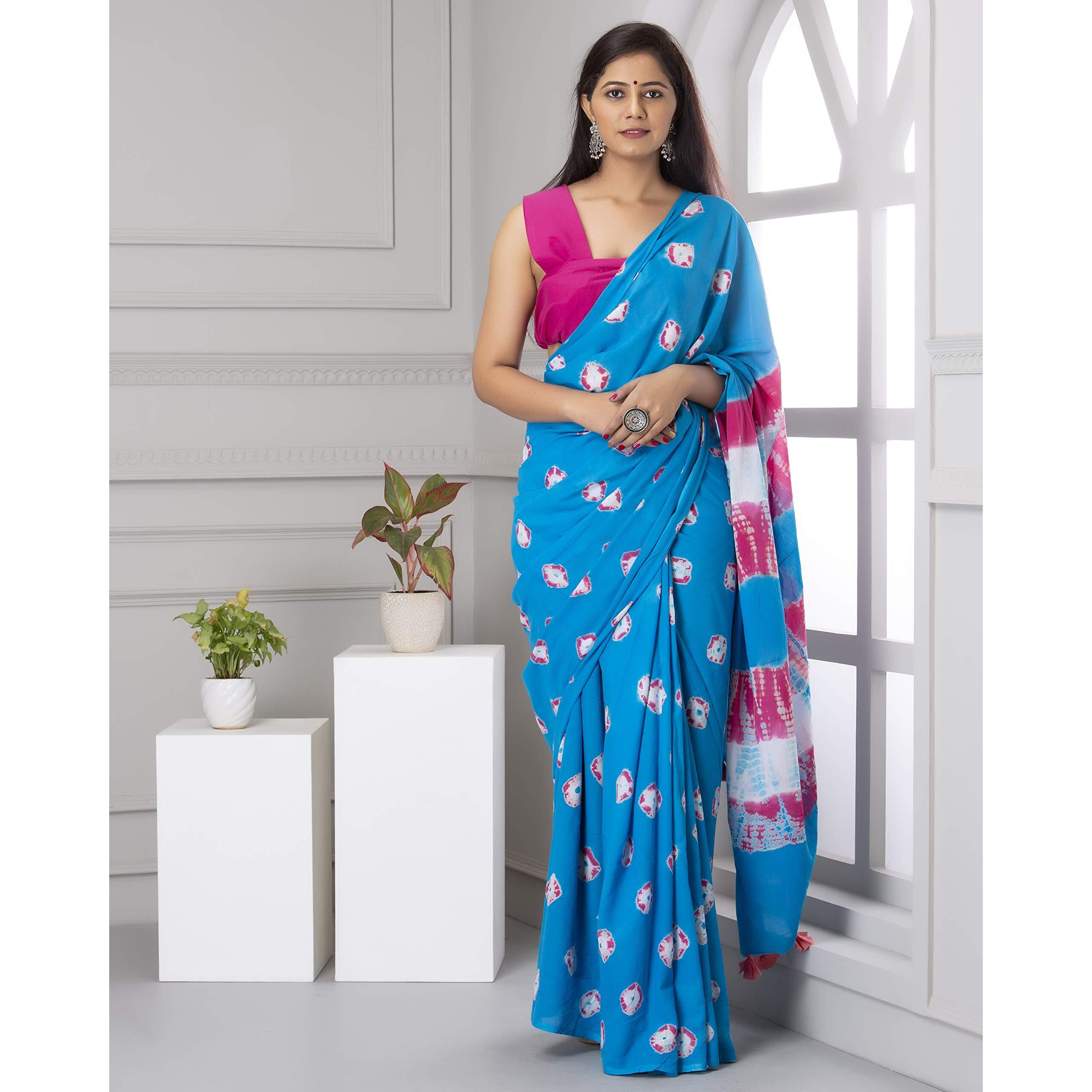 Kiaaron Womens Hand Block Kalamkari Batik Bagru Jaipuri Ikat Printed Handloom Pure Cotton Mulmul Traditional Ethnic Cotton Sarees With Printed Blouse Piece - Blue
