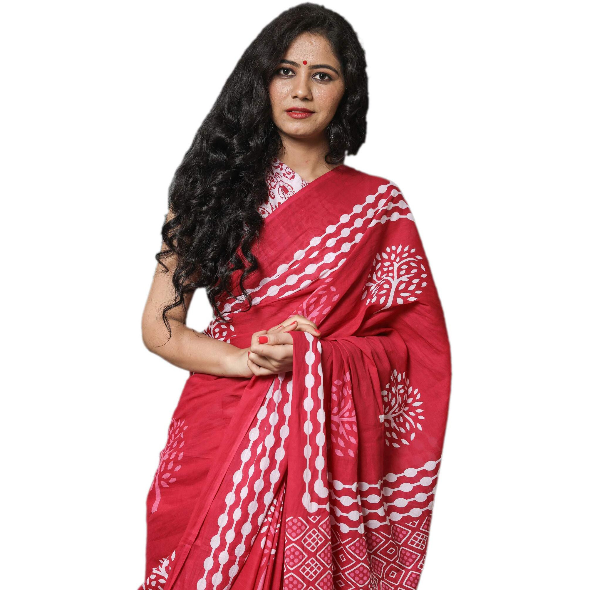 Kiaaron Womens Hand Block Kalamkari Batik Bagru Jaipuri Ikat Printed Handloom Pure Cotton Mulmul Traditional Ethnic Cotton Sarees With Printed Blouse Piece - Red