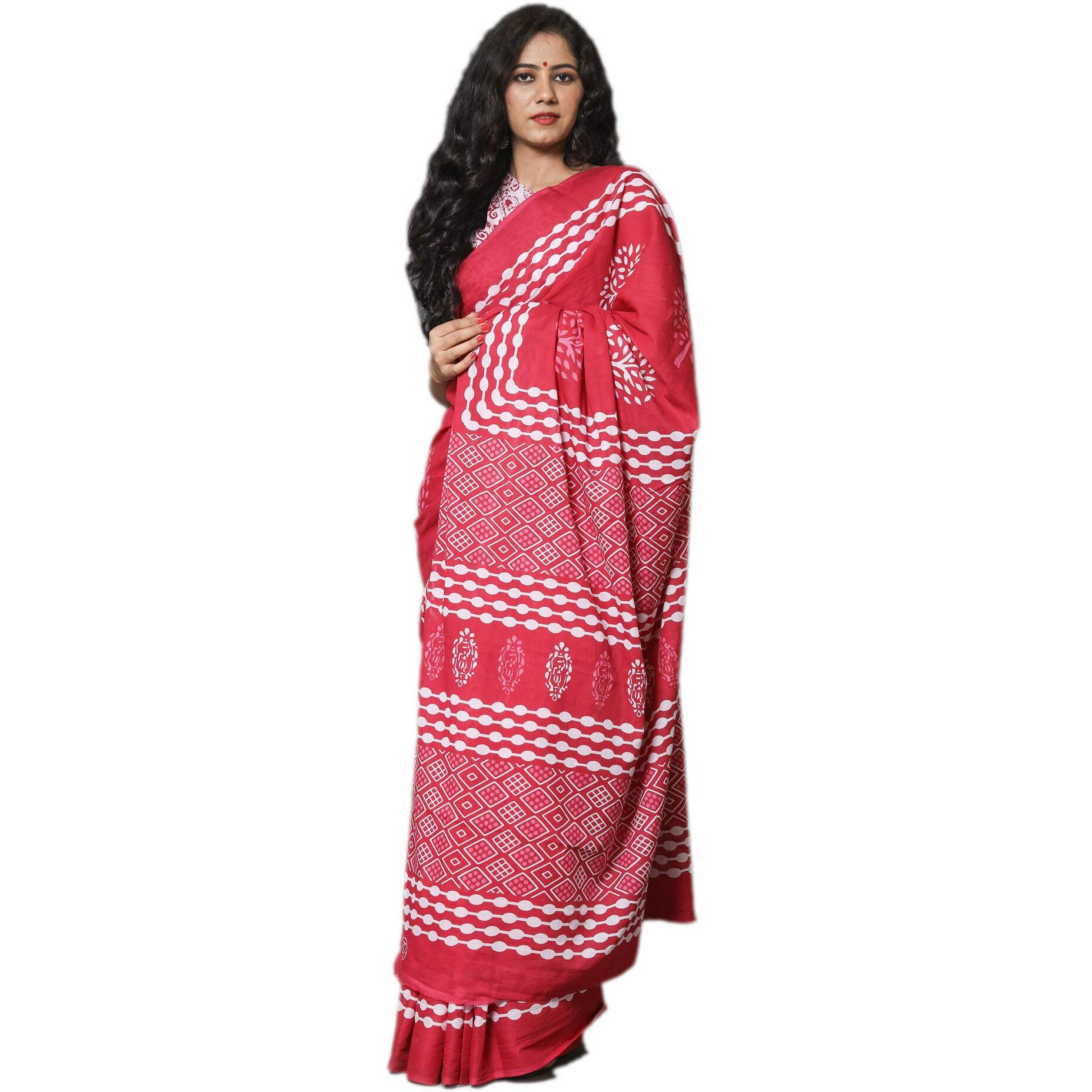 Kiaaron Womens Hand Block Kalamkari Batik Bagru Jaipuri Ikat Printed Handloom Pure Cotton Mulmul Traditional Ethnic Cotton Sarees With Printed Blouse Piece - Red