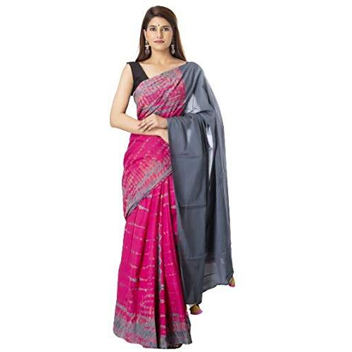 Kiaaron Womens Hand Block Kalamkari Batik Bagru Jaipuri Ikat Printed Handloom Pure Cotton Mulmul Traditional Ethnic Cotton Sarees With Printed Blouse Piece - Pink_Grey