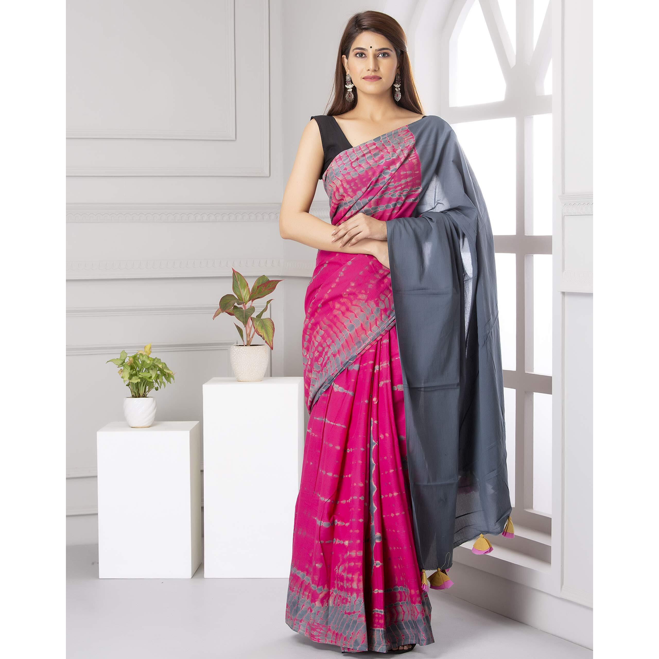 Kiaaron Womens Hand Block Kalamkari Batik Bagru Jaipuri Ikat Printed Handloom Pure Cotton Mulmul Traditional Ethnic Cotton Sarees With Printed Blouse Piece - Pink_Grey