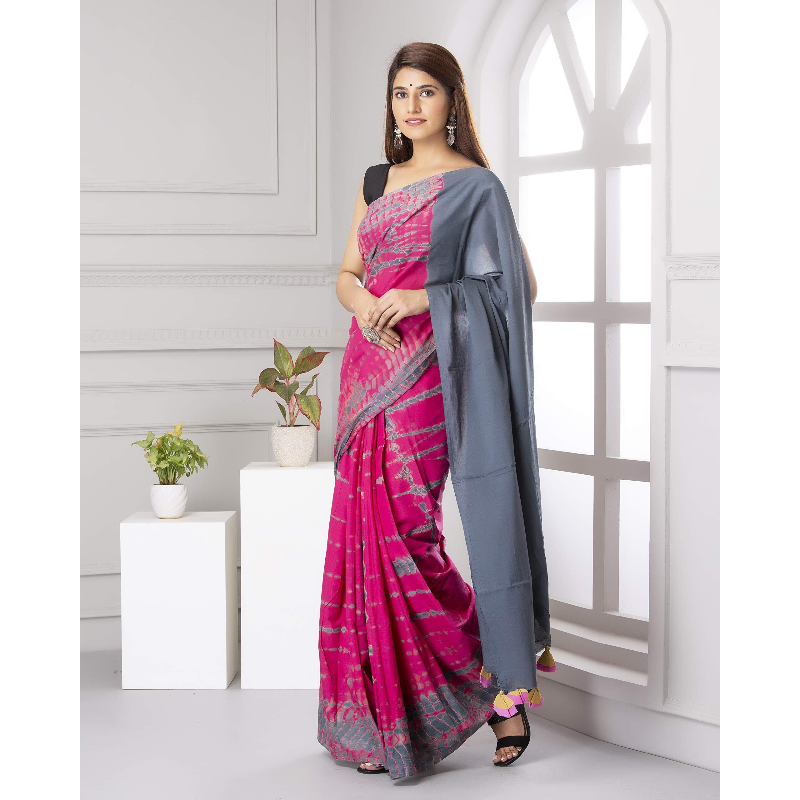 Kiaaron Womens Hand Block Kalamkari Batik Bagru Jaipuri Ikat Printed Handloom Pure Cotton Mulmul Traditional Ethnic Cotton Sarees With Printed Blouse Piece - Pink_Grey