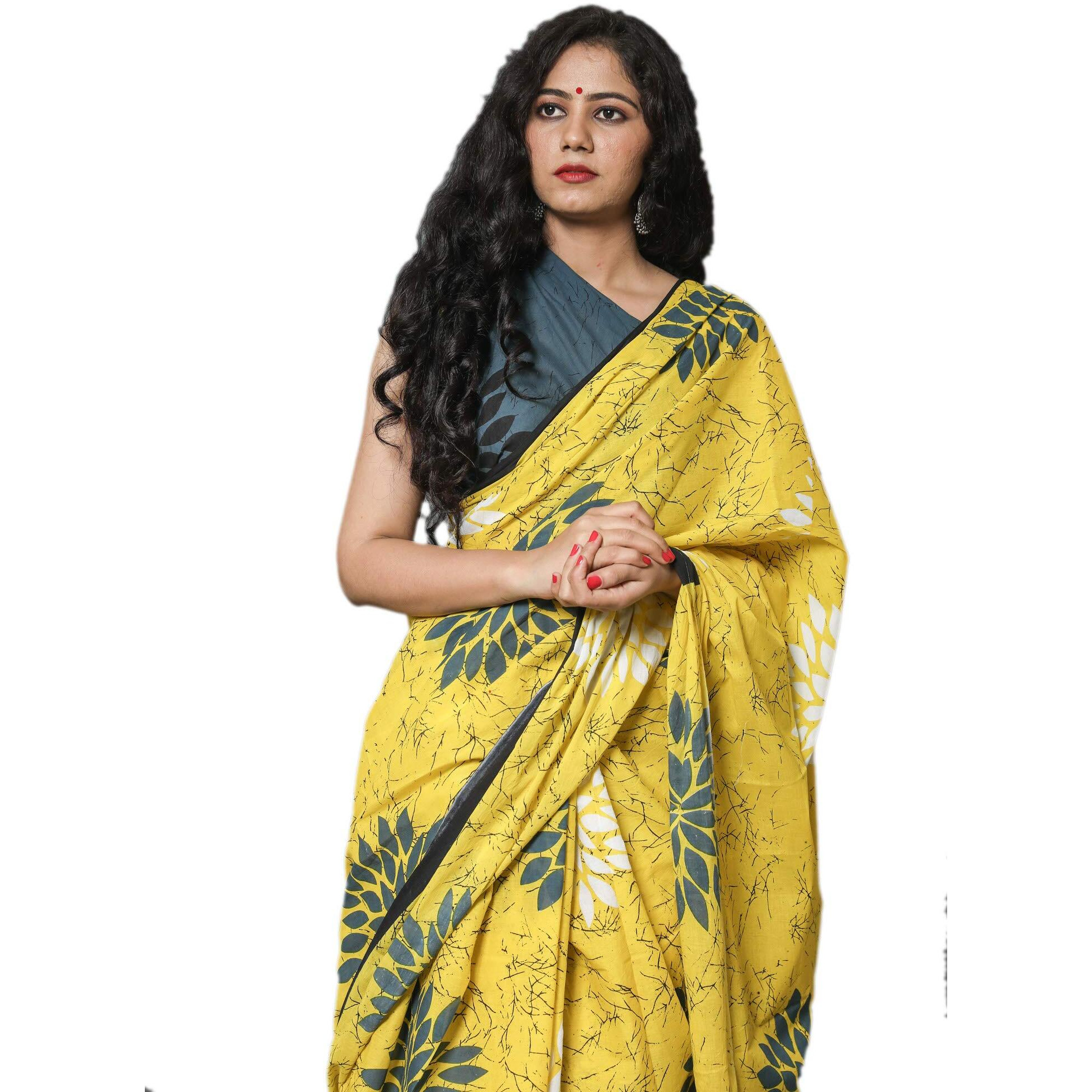 Kiaaron Womens Hand Block Kalamkari Batik Bagru Jaipuri Ikat Printed Handloom Pure Cotton Mulmul Traditional Ethnic Cotton Sarees With Printed Blouse Piece - Yellow