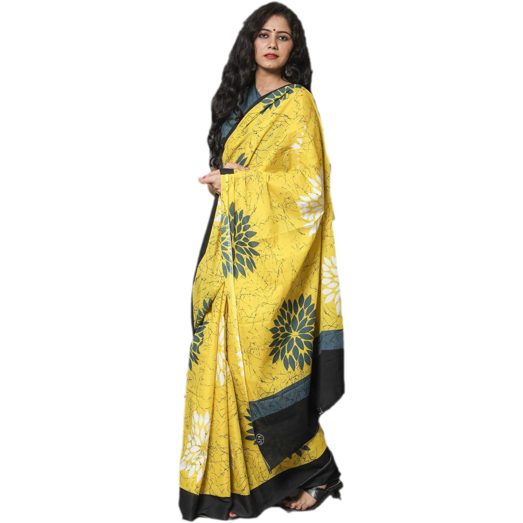 Kiaaron Womens Hand Block Kalamkari Batik Bagru Jaipuri Ikat Printed Handloom Pure Cotton Mulmul Traditional Ethnic Cotton Sarees With Printed Blouse Piece - Yellow
