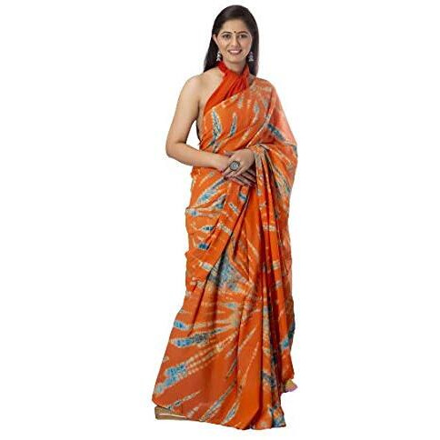 Kiaaron Womens Hand Block Kalamkari Batik Bagru Jaipuri Ikat Printed Handloom Pure Cotton Mulmul Traditional Ethnic Cotton Sarees With Printed Blouse Piece - Orange
