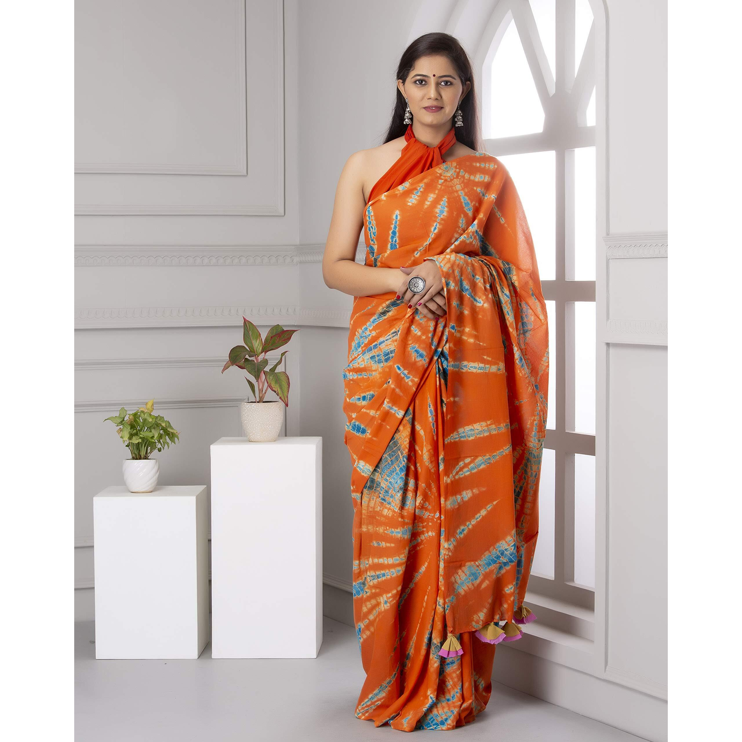 Kiaaron Womens Hand Block Kalamkari Batik Bagru Jaipuri Ikat Printed Handloom Pure Cotton Mulmul Traditional Ethnic Cotton Sarees With Printed Blouse Piece - Orange