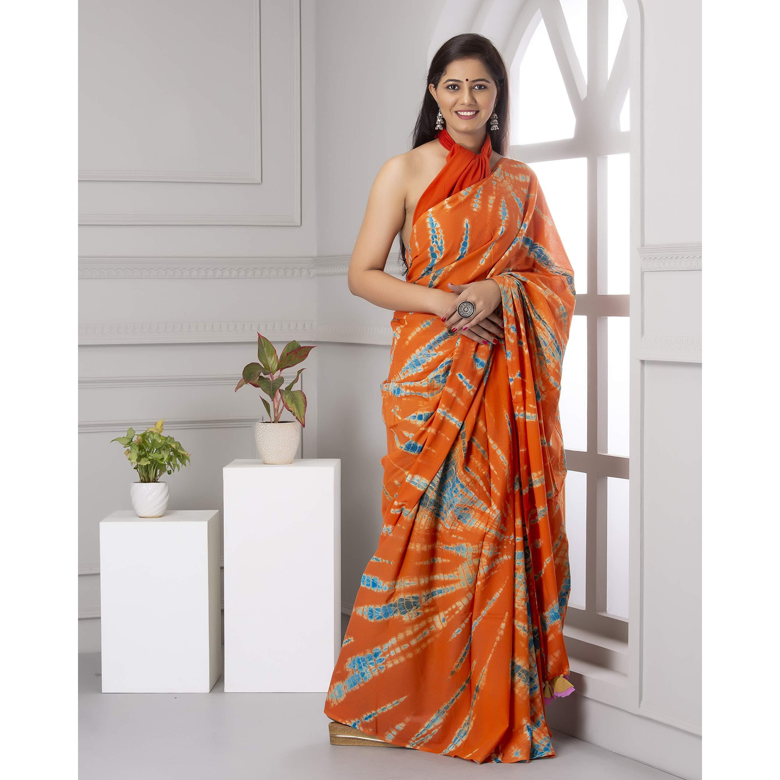 Kiaaron Womens Hand Block Kalamkari Batik Bagru Jaipuri Ikat Printed Handloom Pure Cotton Mulmul Traditional Ethnic Cotton Sarees With Printed Blouse Piece - Orange