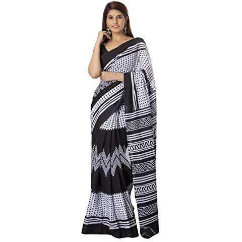 Kiaaron Womens Hand Block Kalamkari Batik Bagru Jaipuri Ikat Printed Handloom Pure Cotton Mulmul Traditional Ethnic Cotton Sarees With Printed Blouse Piece - White_Black