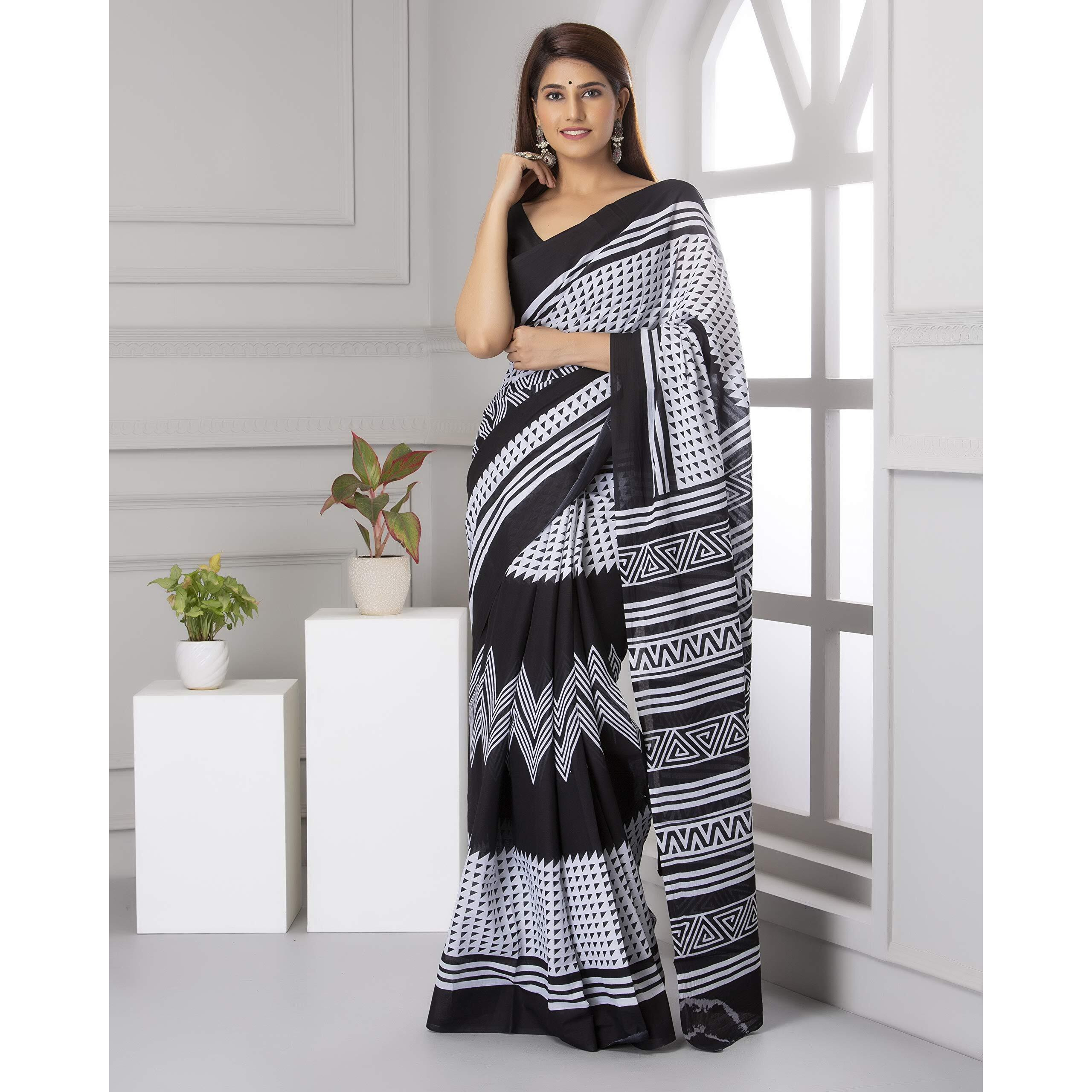 Kiaaron Womens Hand Block Kalamkari Batik Bagru Jaipuri Ikat Printed Handloom Pure Cotton Mulmul Traditional Ethnic Cotton Sarees With Printed Blouse Piece - White_Black