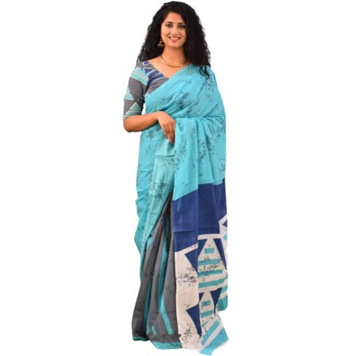 Kiaaron Womens Ikat Hand Block Print Jaipuri Cotton Mulmul Saree with Blouse Piece - Turquiose_247
