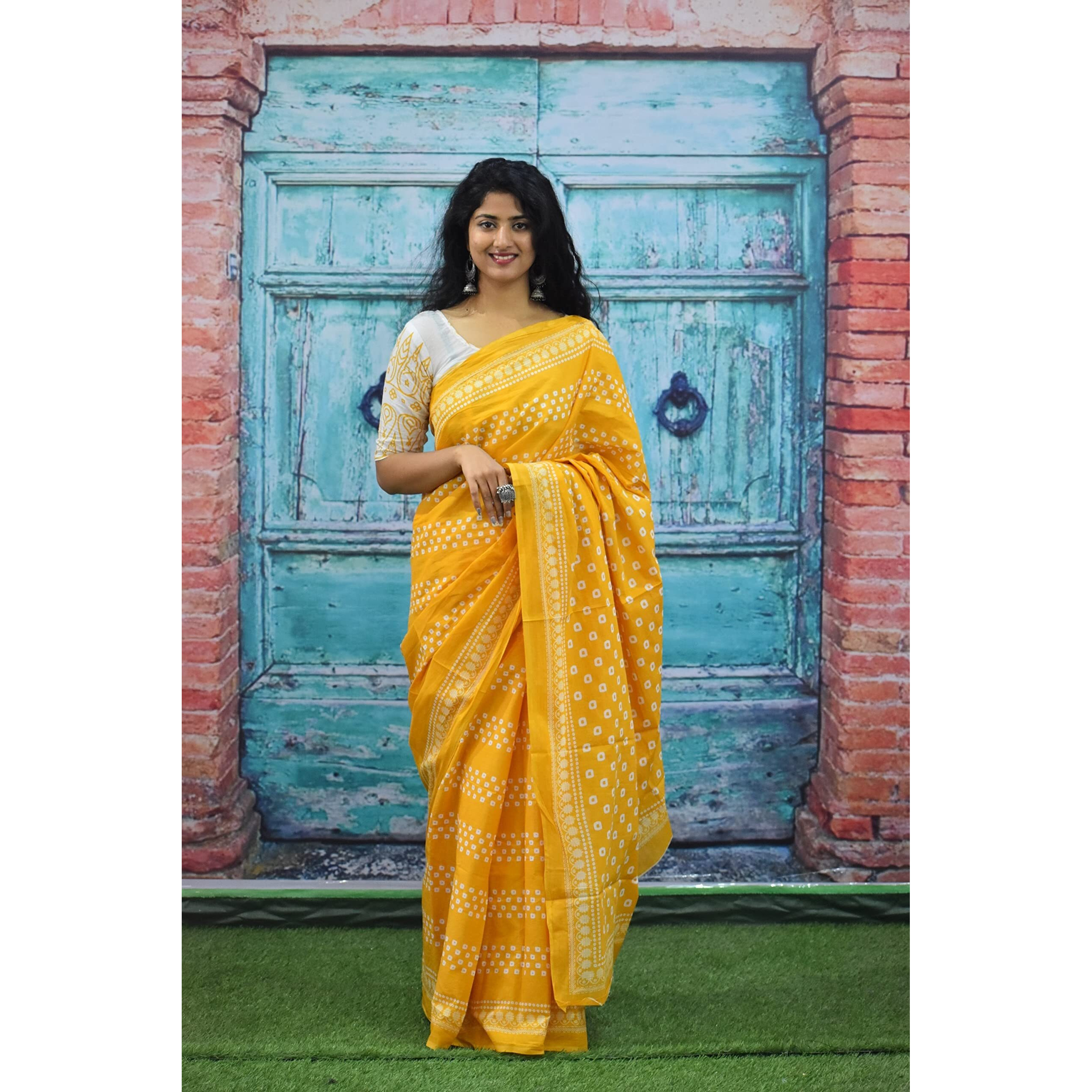 Kiaaron Womens Ikat Hand Block Print Jaipuri Cotton Mulmul Saree with Blouse Piece - Yellow_66