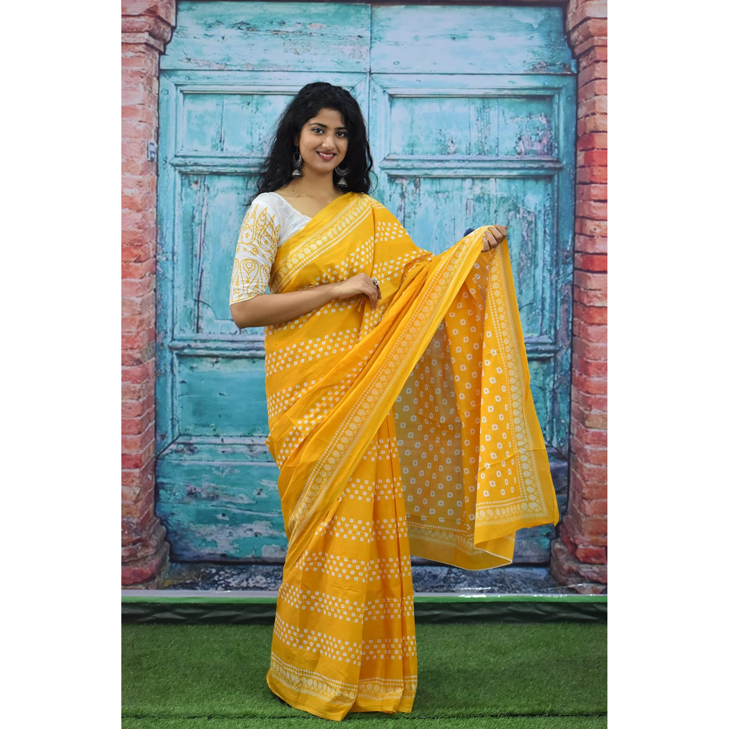 Kiaaron Womens Ikat Hand Block Print Jaipuri Cotton Mulmul Saree with Blouse Piece - Yellow_66