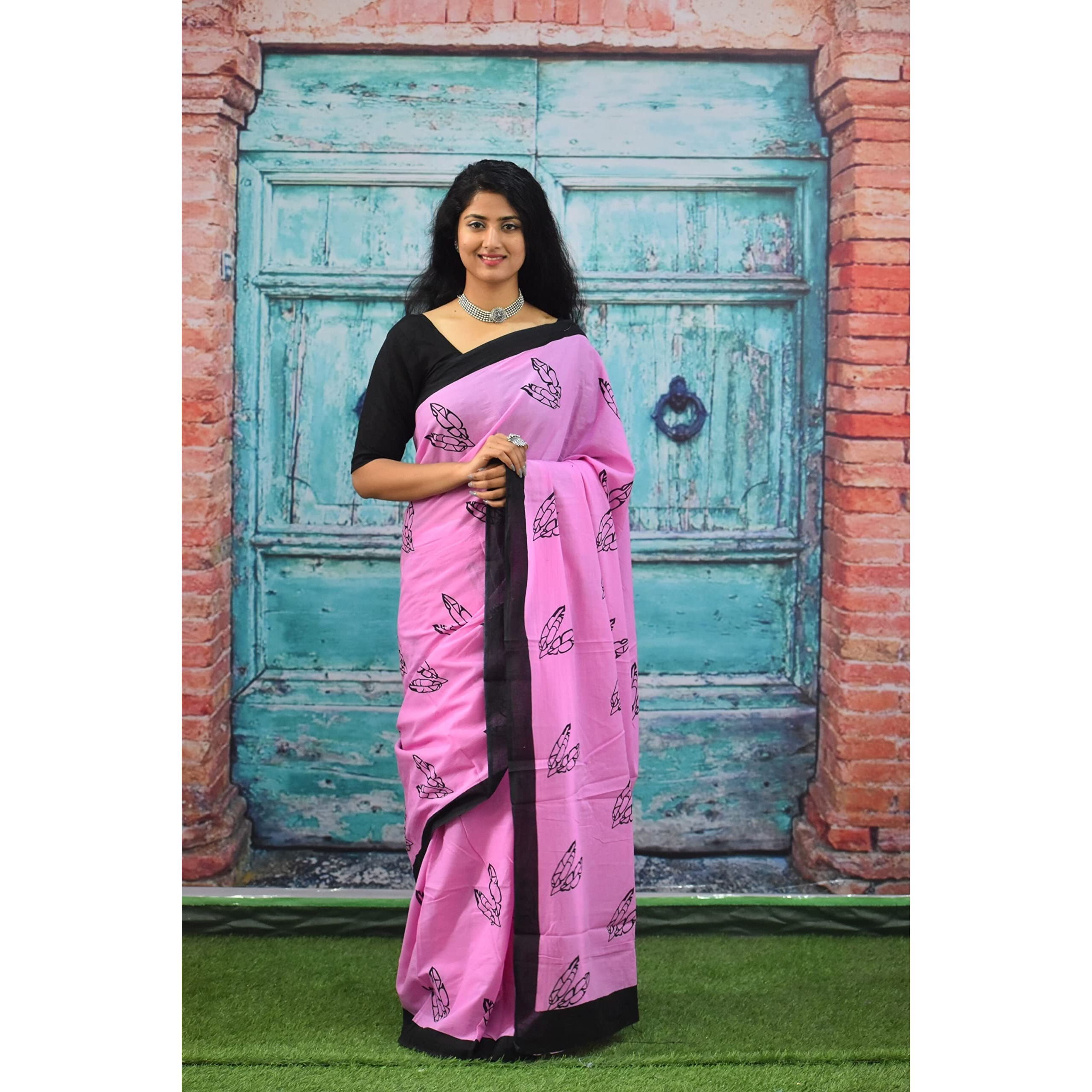 Kiaaron Womens Ikat Hand Block Print Jaipuri Cotton Mulmul Saree with Blouse Piece - Pink_251