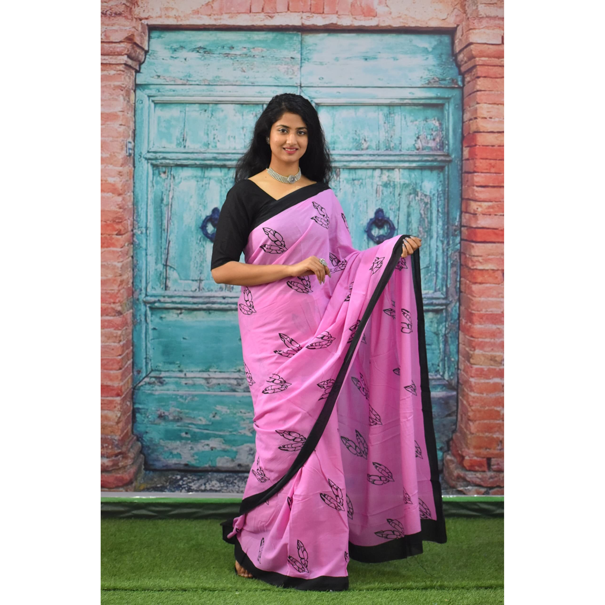 Kiaaron Womens Ikat Hand Block Print Jaipuri Cotton Mulmul Saree with Blouse Piece - Pink_251