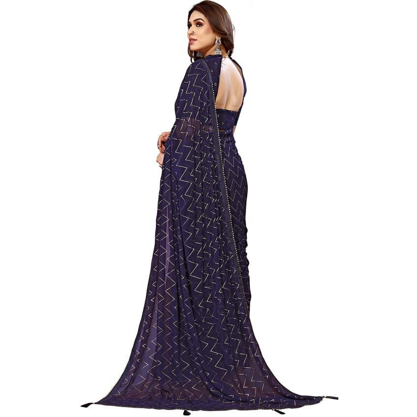 SIRIL Womens Foil Print, Lace, Tassel Georgette Saree with Unstitched Blouse(3066S2123_Blue)
