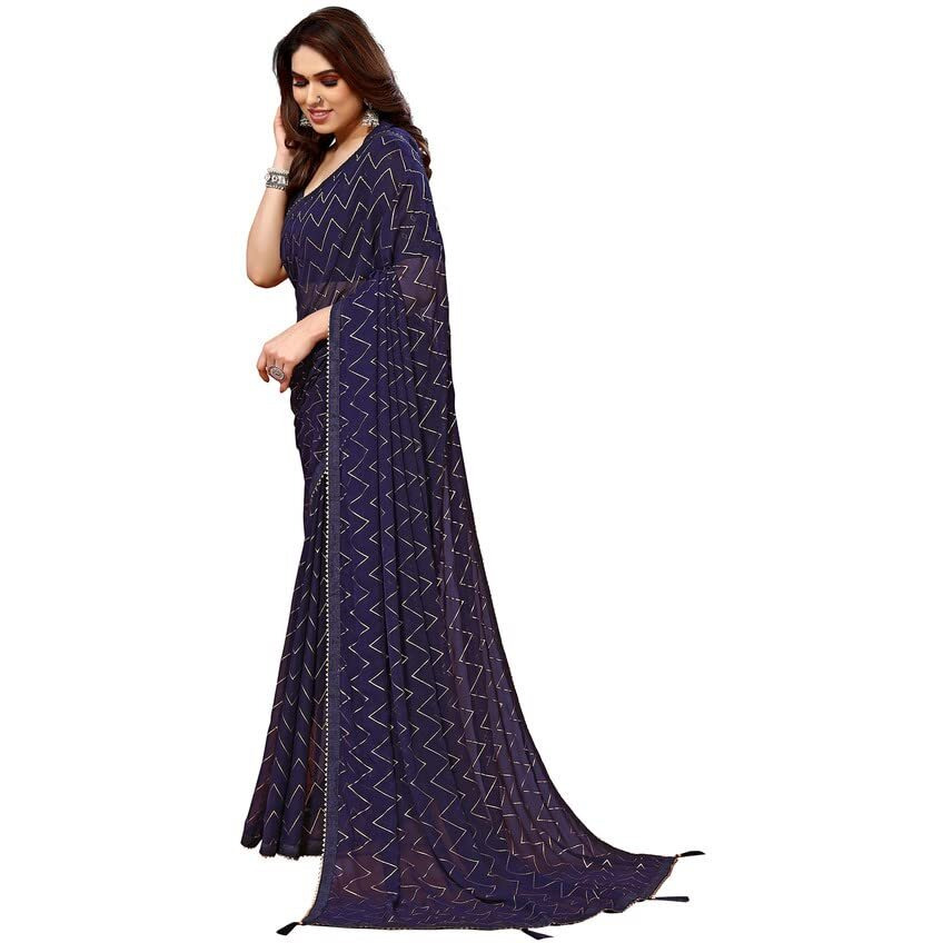 SIRIL Womens Foil Print, Lace, Tassel Georgette Saree with Unstitched Blouse(3066S2123_Blue)