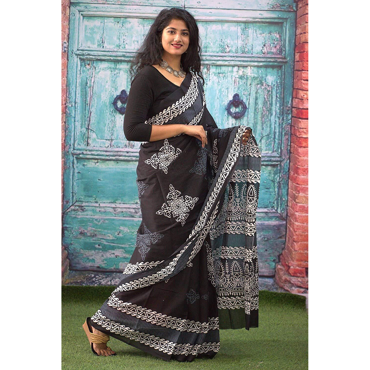 Kiaaron Womens Hand Block Kalamkari Batik Bagru Jaipuri Ikat Printed Handloom Pure Cotton Mulmul Traditional Ethnic Cotton Sarees With Printed Blouse Piece - Black_White