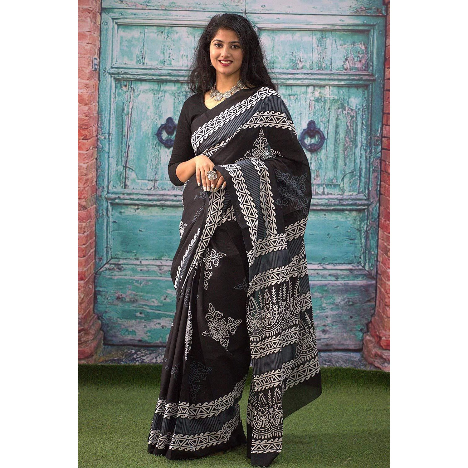 Kiaaron Womens Hand Block Kalamkari Batik Bagru Jaipuri Ikat Printed Handloom Pure Cotton Mulmul Traditional Ethnic Cotton Sarees With Printed Blouse Piece - Black_White