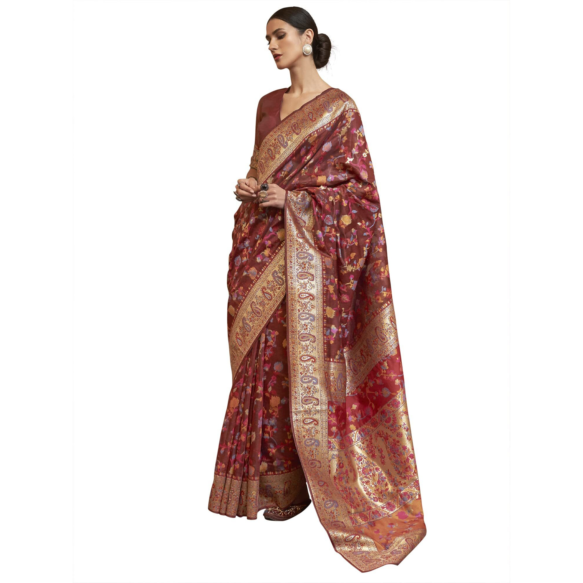 AKHILAM Womens Silk Blend Woven Design Celebrity Saree With Blouse Piece (Maroon_KSHFA201001J)