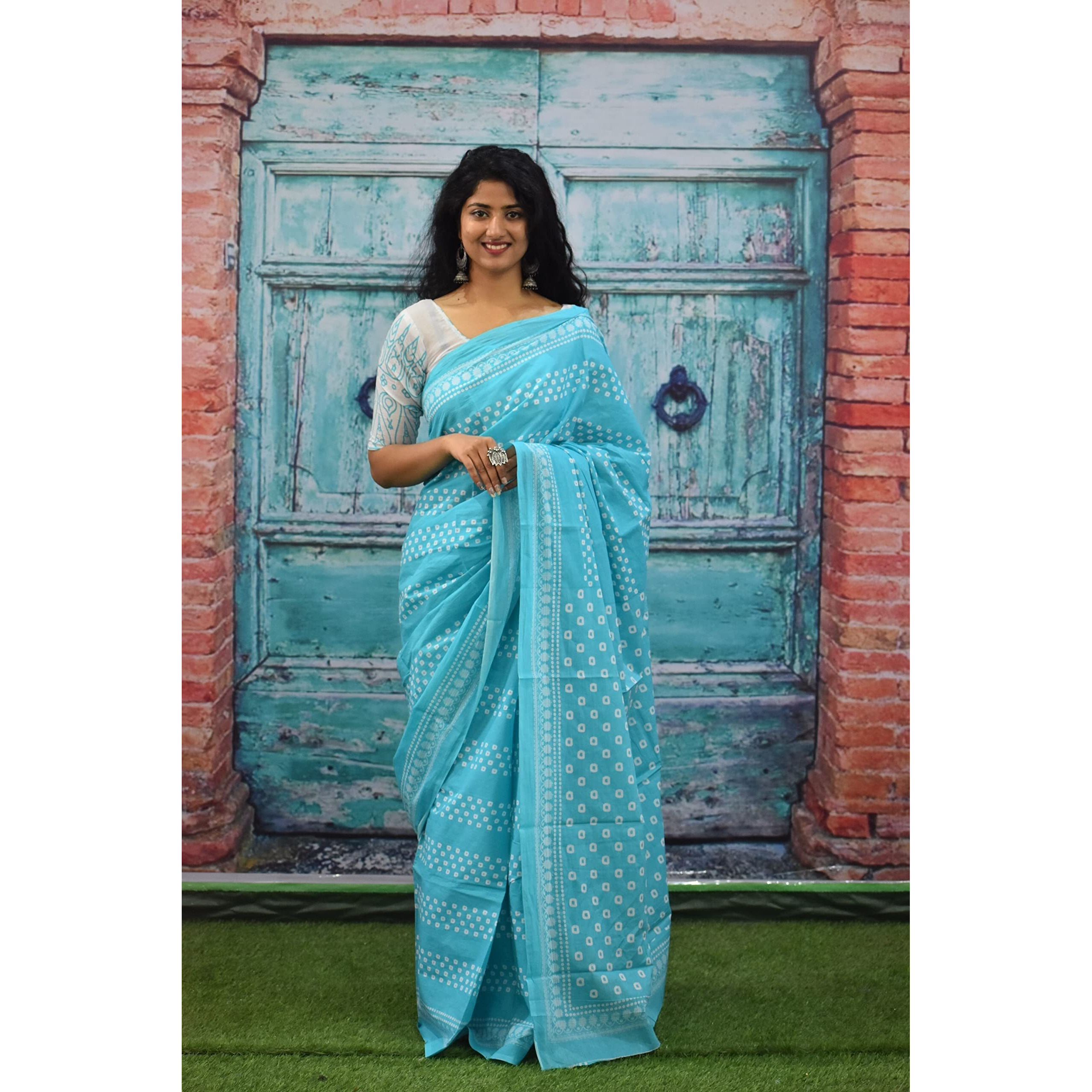 Kiaaron Womens Ikat Hand Block Print Jaipuri Cotton Mulmul Saree with Blouse Piece - Turquiose_69