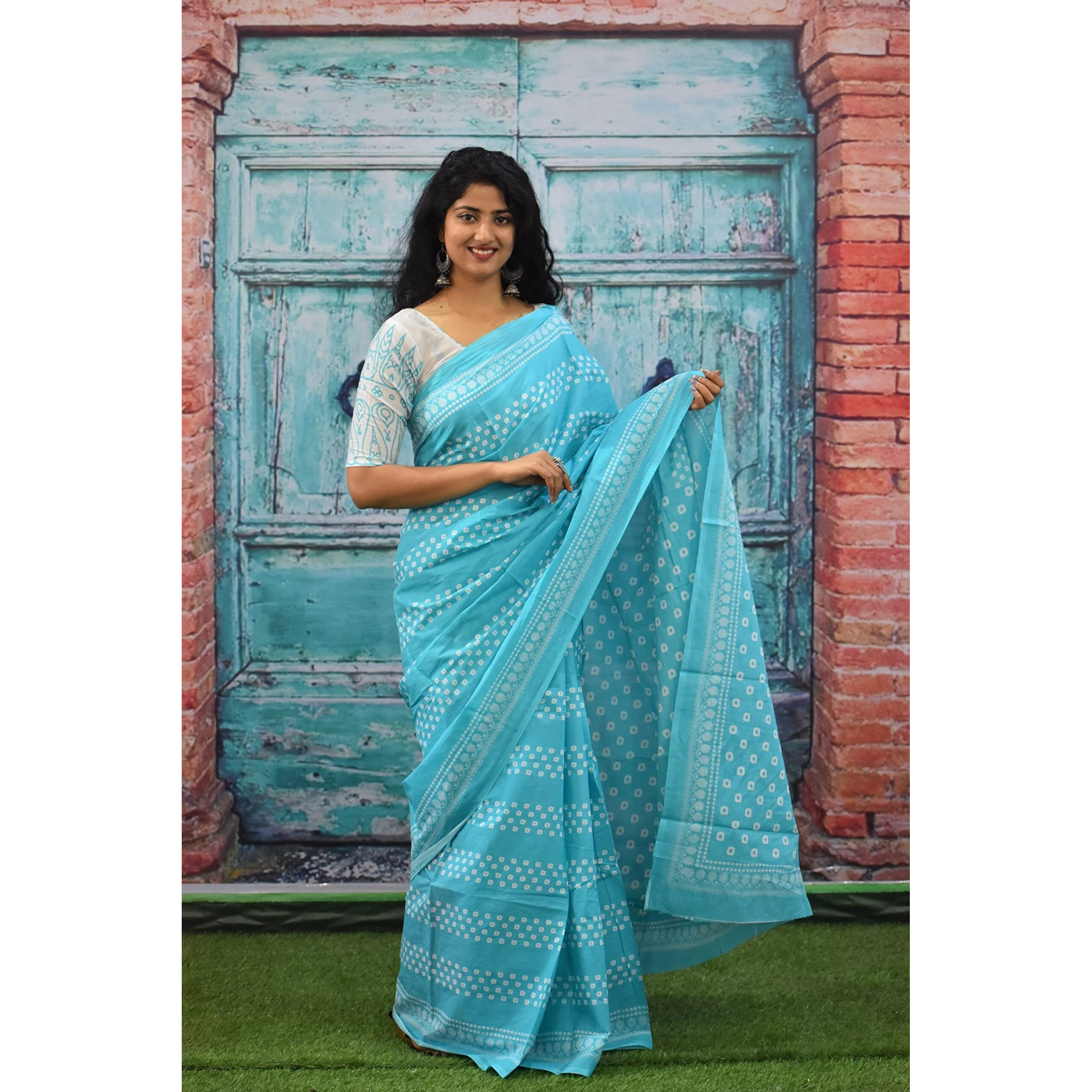 Kiaaron Womens Ikat Hand Block Print Jaipuri Cotton Mulmul Saree with Blouse Piece - Turquiose_69