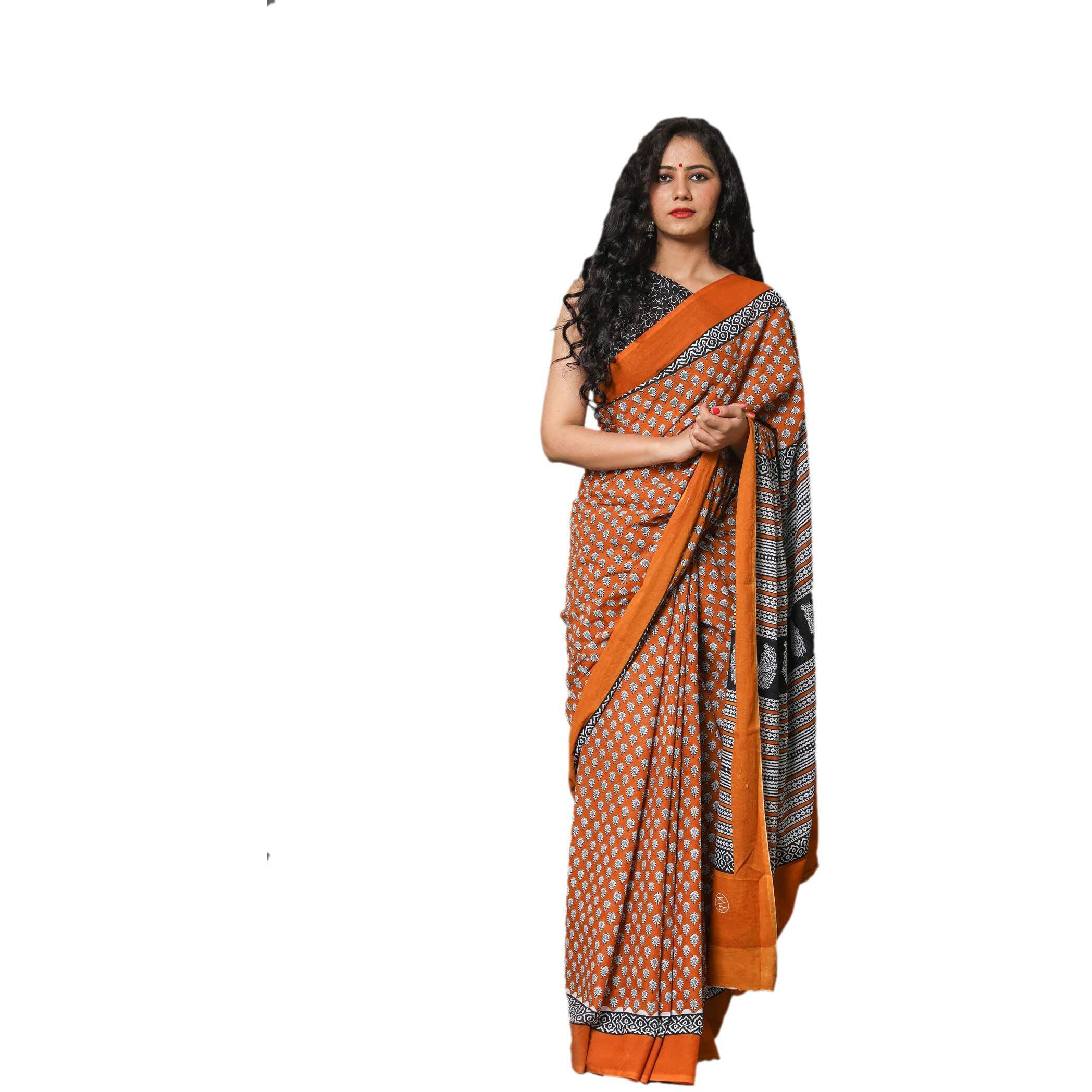 Kiaaron Womens Hand Block Kalamkari Batik Bagru Jaipuri Ikat Printed Handloom Pure Cotton Mulmul Traditional Ethnic Cotton Sarees With Printed Blouse Piece - Orange