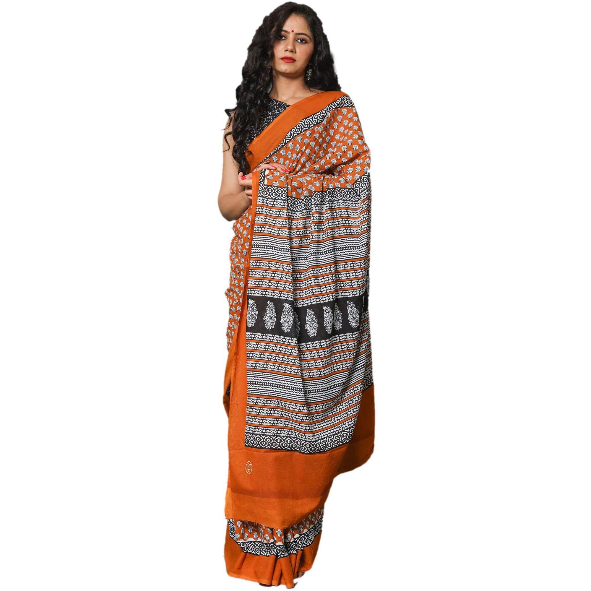 Kiaaron Womens Hand Block Kalamkari Batik Bagru Jaipuri Ikat Printed Handloom Pure Cotton Mulmul Traditional Ethnic Cotton Sarees With Printed Blouse Piece - Orange
