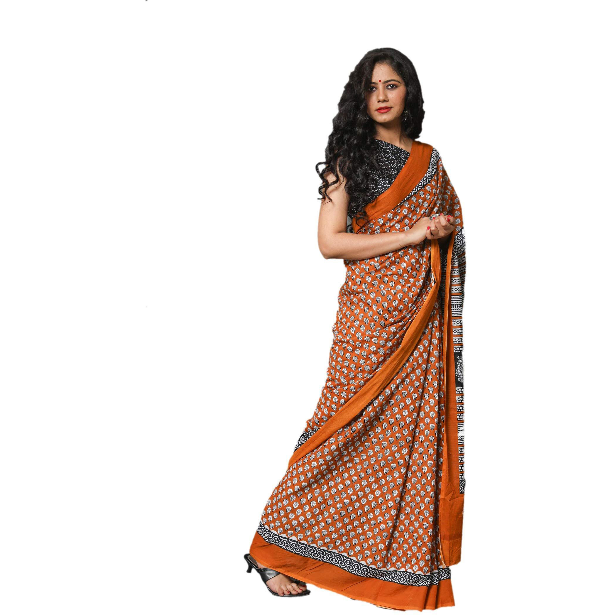 Kiaaron Womens Hand Block Kalamkari Batik Bagru Jaipuri Ikat Printed Handloom Pure Cotton Mulmul Traditional Ethnic Cotton Sarees With Printed Blouse Piece - Orange