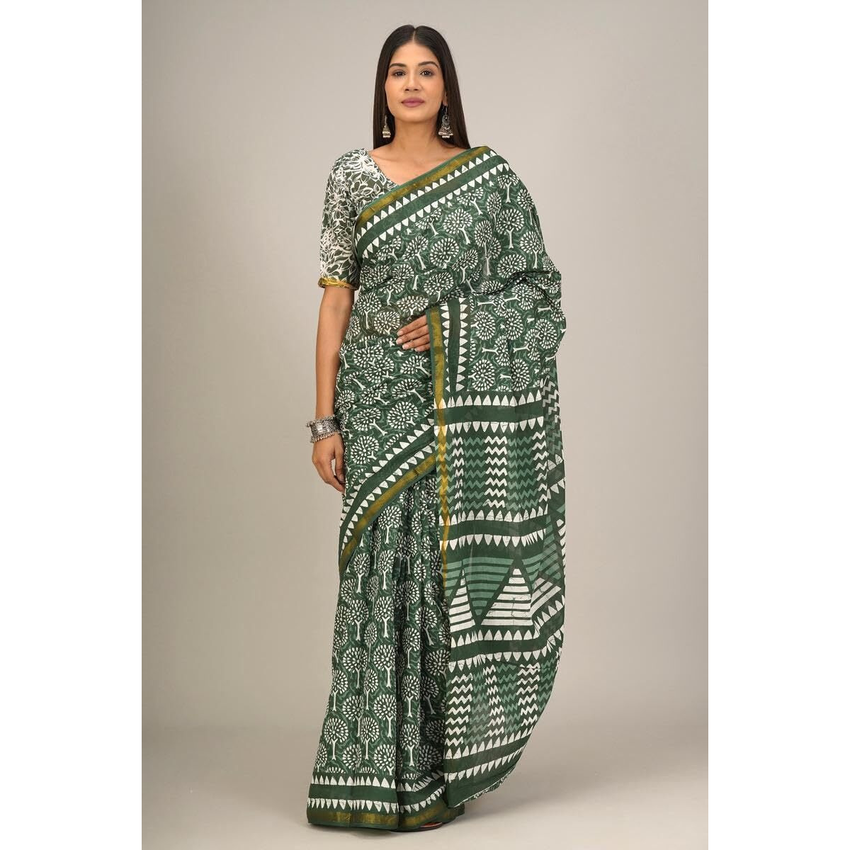 Kiaaron Handicrafts Womens Ikat Hand Block Print Jaipuri Cotton Mulmul Saree Zari Border with Blouse Piece_Green_34
