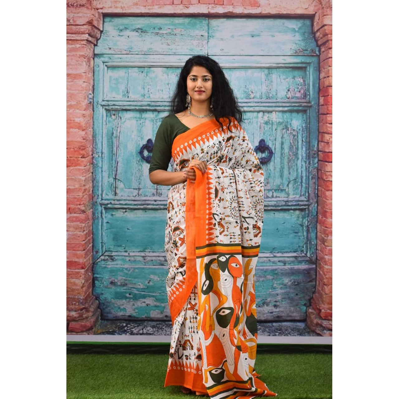 Kiaaron Womens Ikat Hand Block Print Jaipuri Cotton Mulmul Saree with Blouse Piece -Orange_Kia33