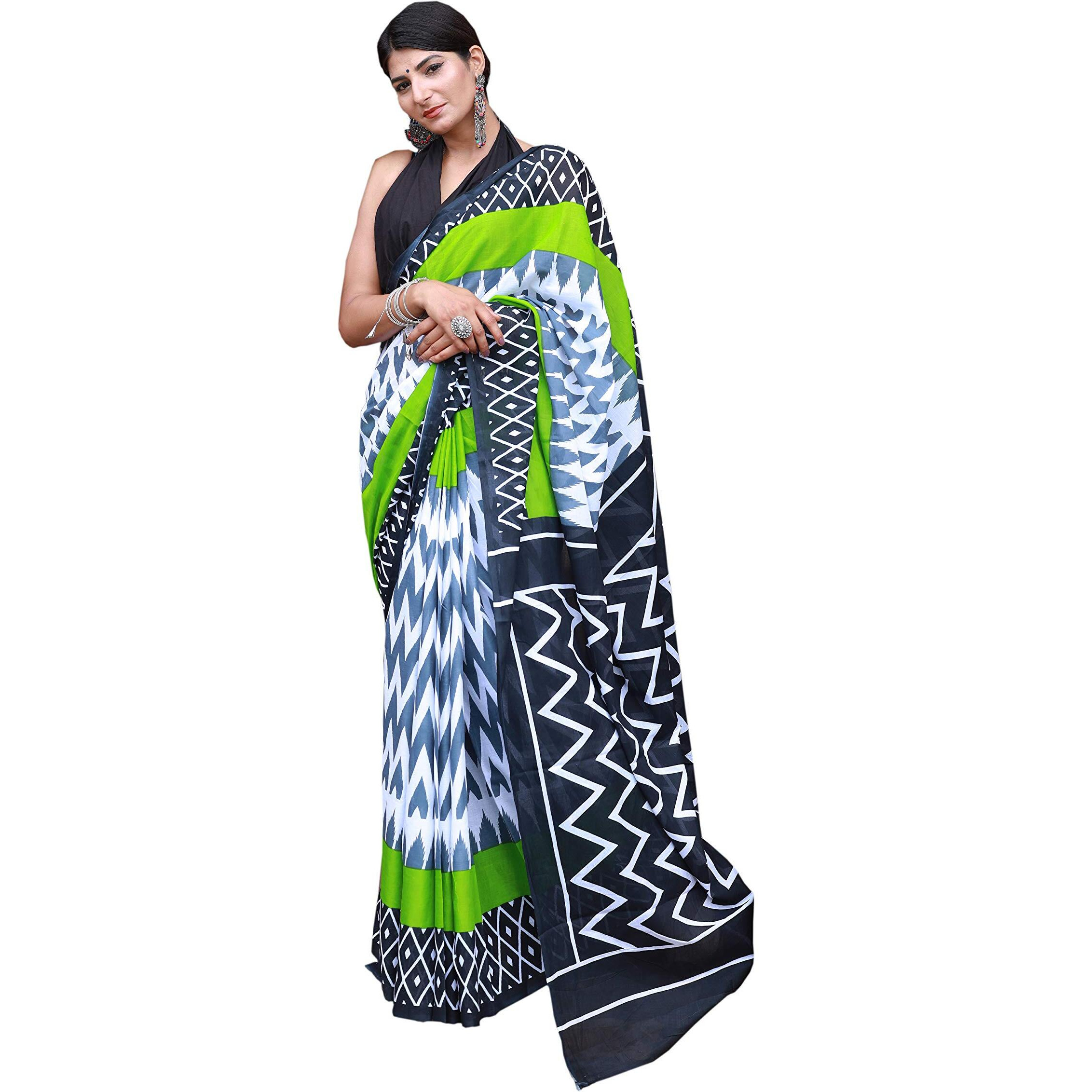 Kiaaron Womens Hand Block Kalamkari Batik Bagru Jaipuri Ikat Printed Handloom Pure Cotton Mulmul Traditional Ethnic Cotton Sarees With Printed Blouse Piece - Green