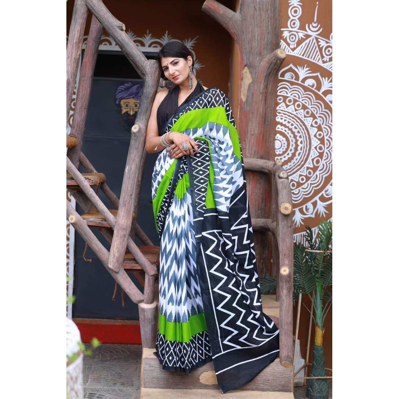 Kiaaron Womens Hand Block Kalamkari Batik Bagru Jaipuri Ikat Printed Handloom Pure Cotton Mulmul Traditional Ethnic Cotton Sarees With Printed Blouse Piece - Green