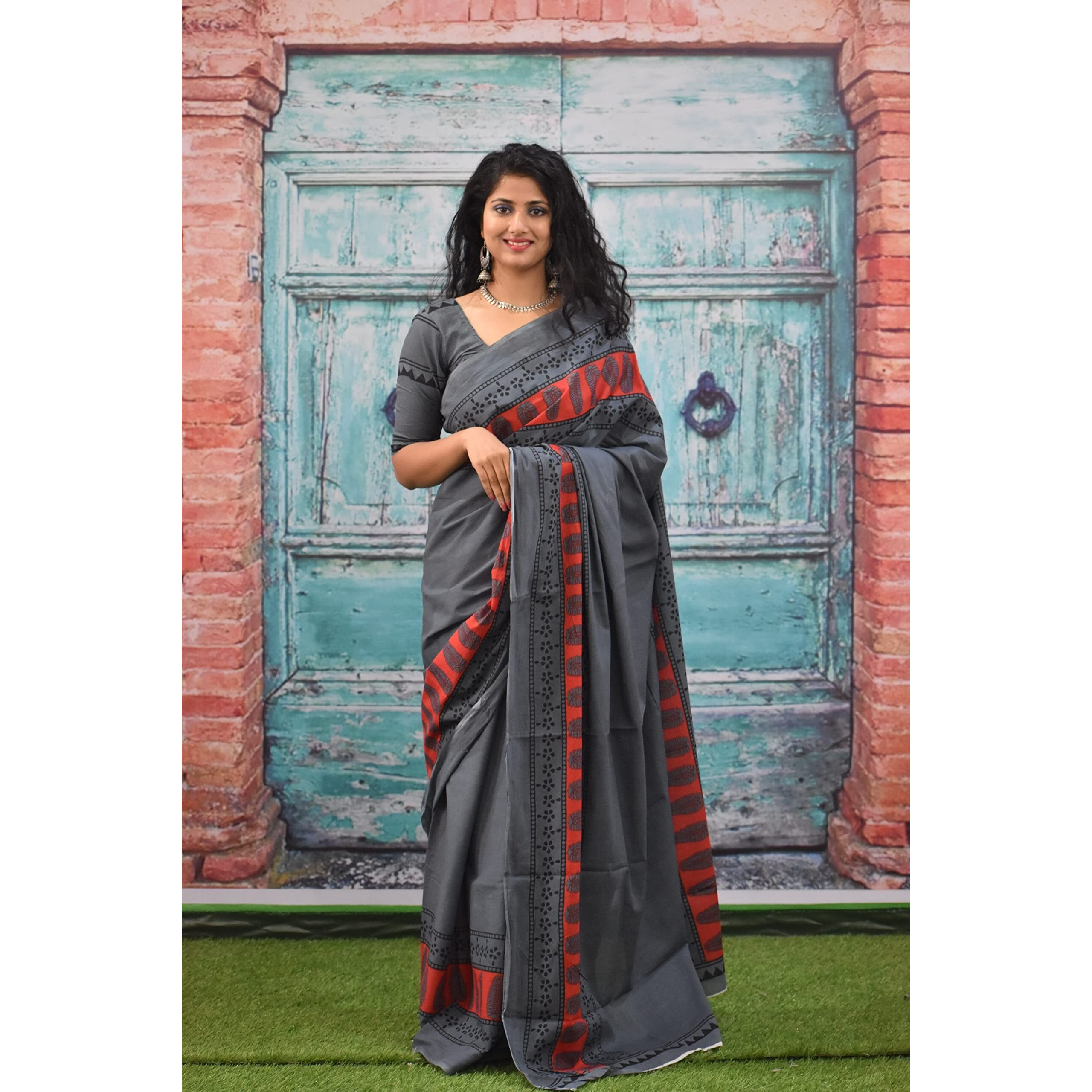 Kiaaron Womens Ikat Hand Block Print Jaipuri Cotton Mulmul Saree with Blouse Piece - Grey_240