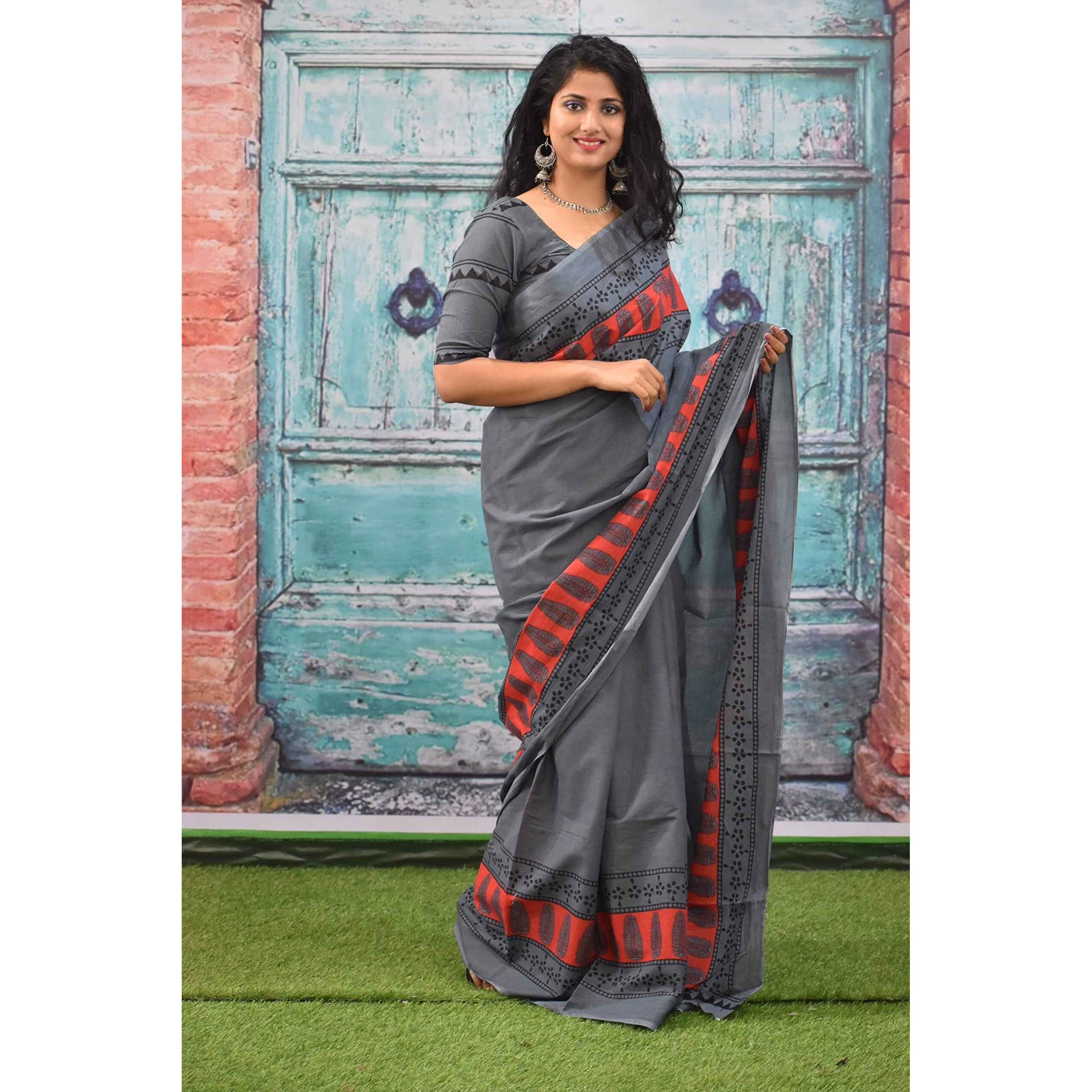 Kiaaron Womens Ikat Hand Block Print Jaipuri Cotton Mulmul Saree with Blouse Piece - Grey_240