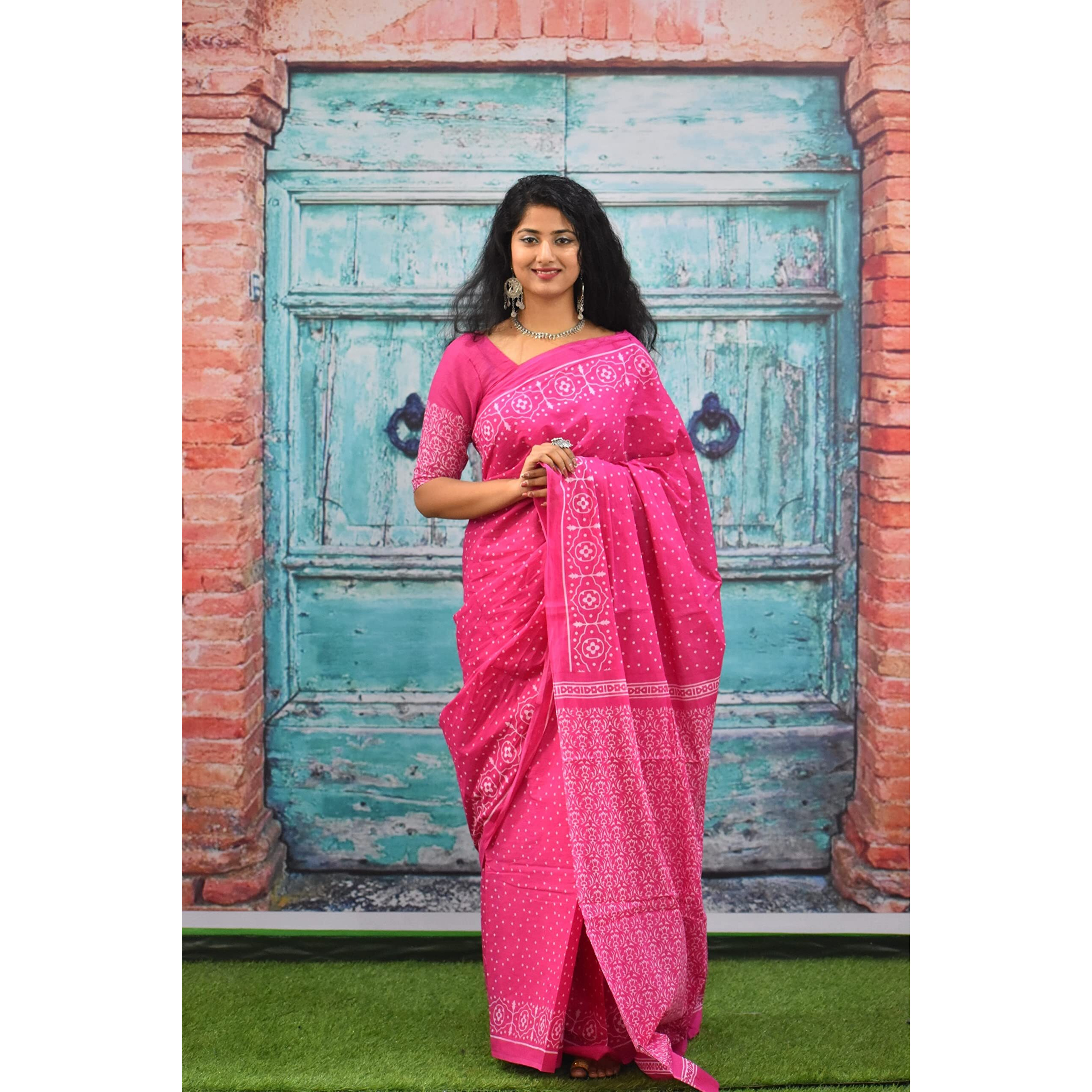 Kiaaron Womens Ikat Hand Block Print Jaipuri Cotton Mulmul Saree with Blouse Piece - Pink_74