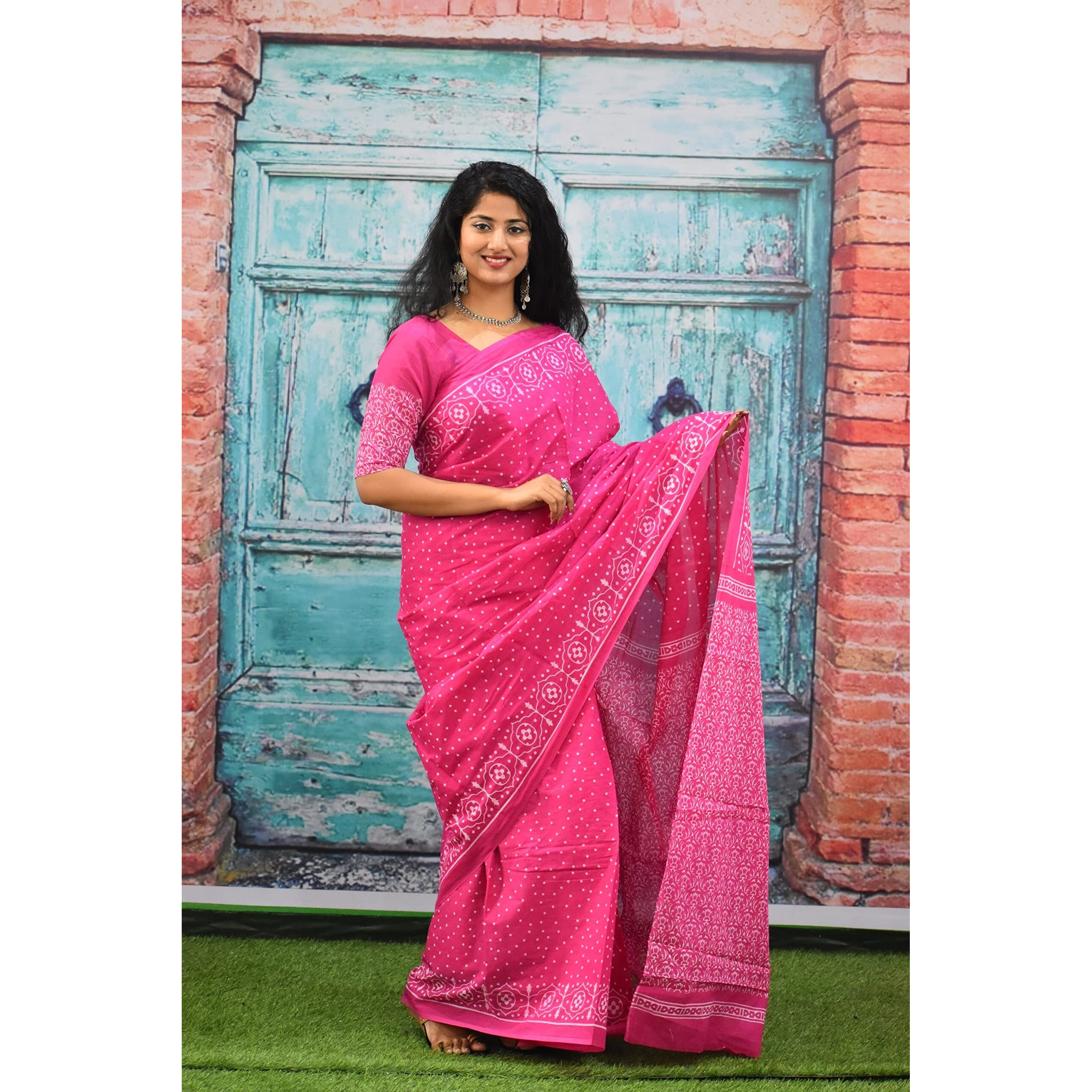 Kiaaron Womens Ikat Hand Block Print Jaipuri Cotton Mulmul Saree with Blouse Piece - Pink_74