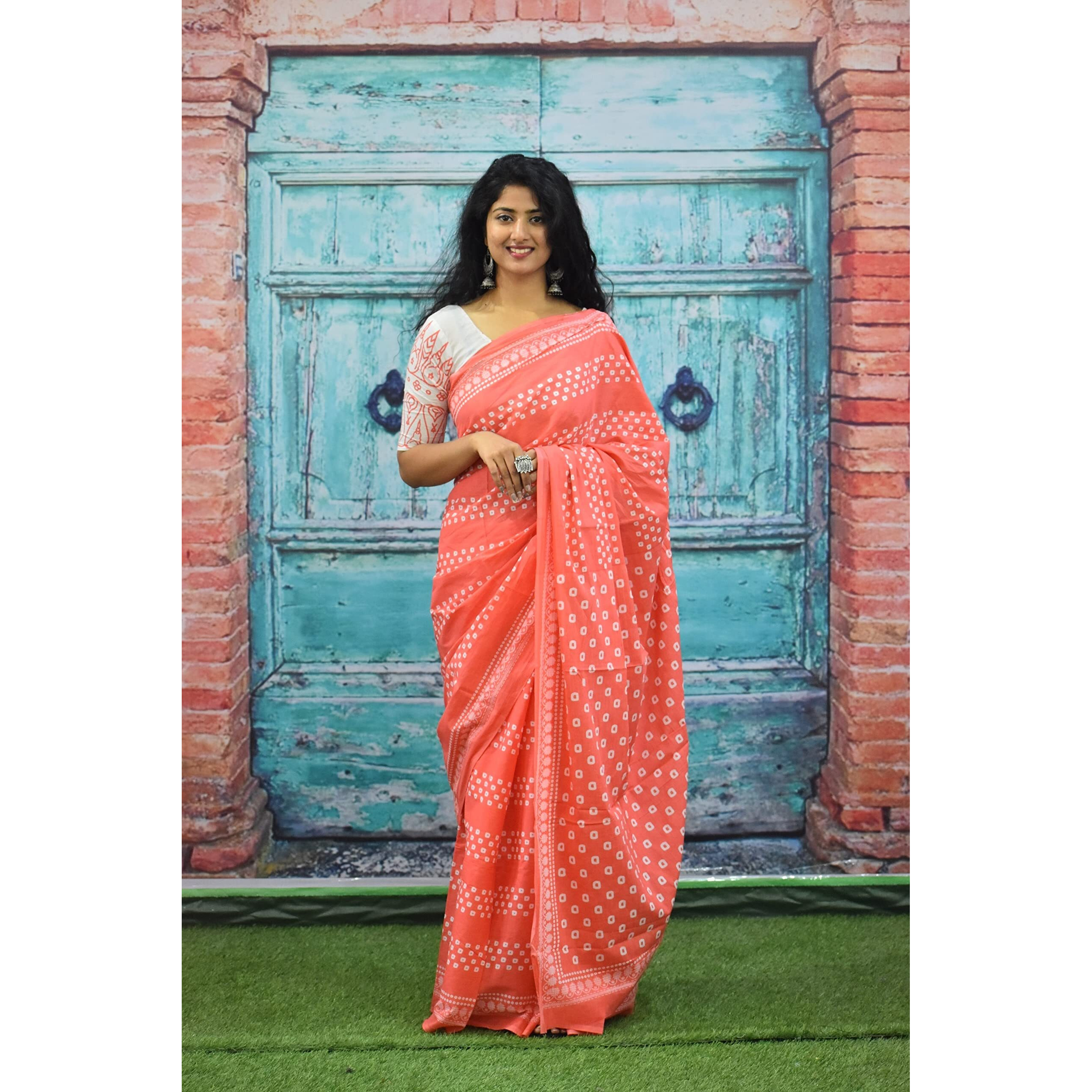 Kiaaron Womens Ikat Hand Block Print Jaipuri Cotton Mulmul Saree with Blouse Piece - Multi_67