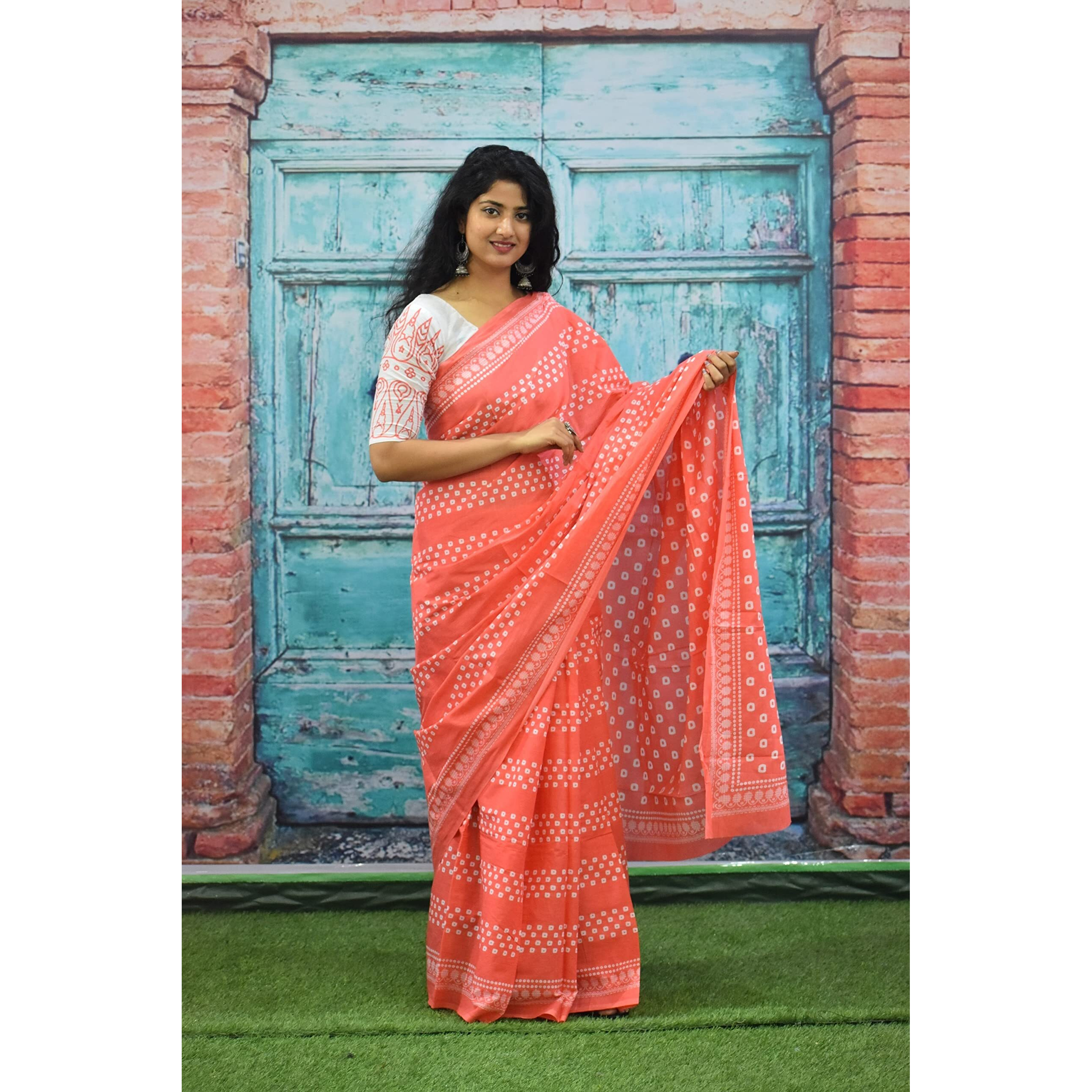 Kiaaron Womens Ikat Hand Block Print Jaipuri Cotton Mulmul Saree with Blouse Piece - Multi_67