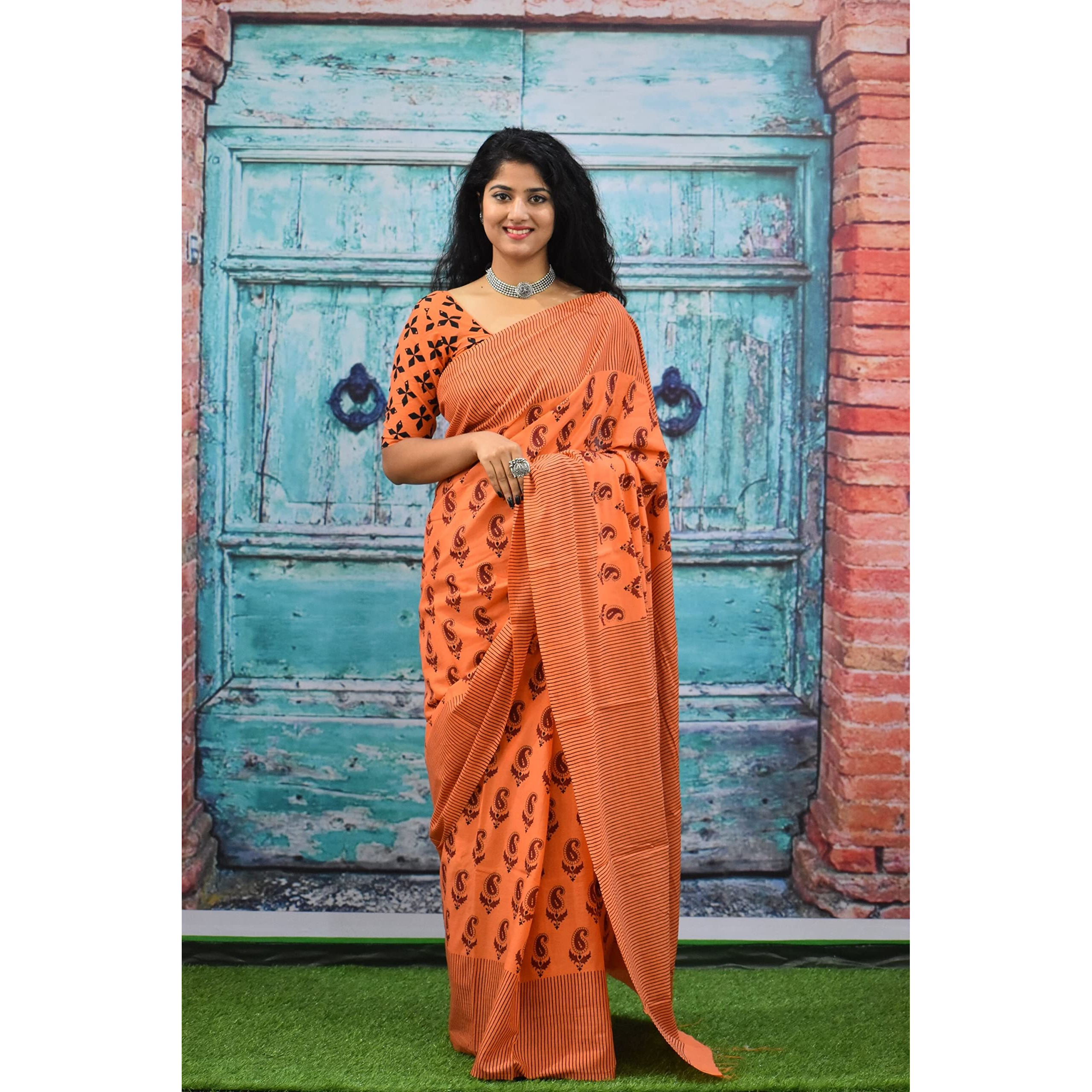 Kiaaron Womens Ikat Hand Block Print Jaipuri Cotton Mulmul Saree with Blouse Piece - Orange_252