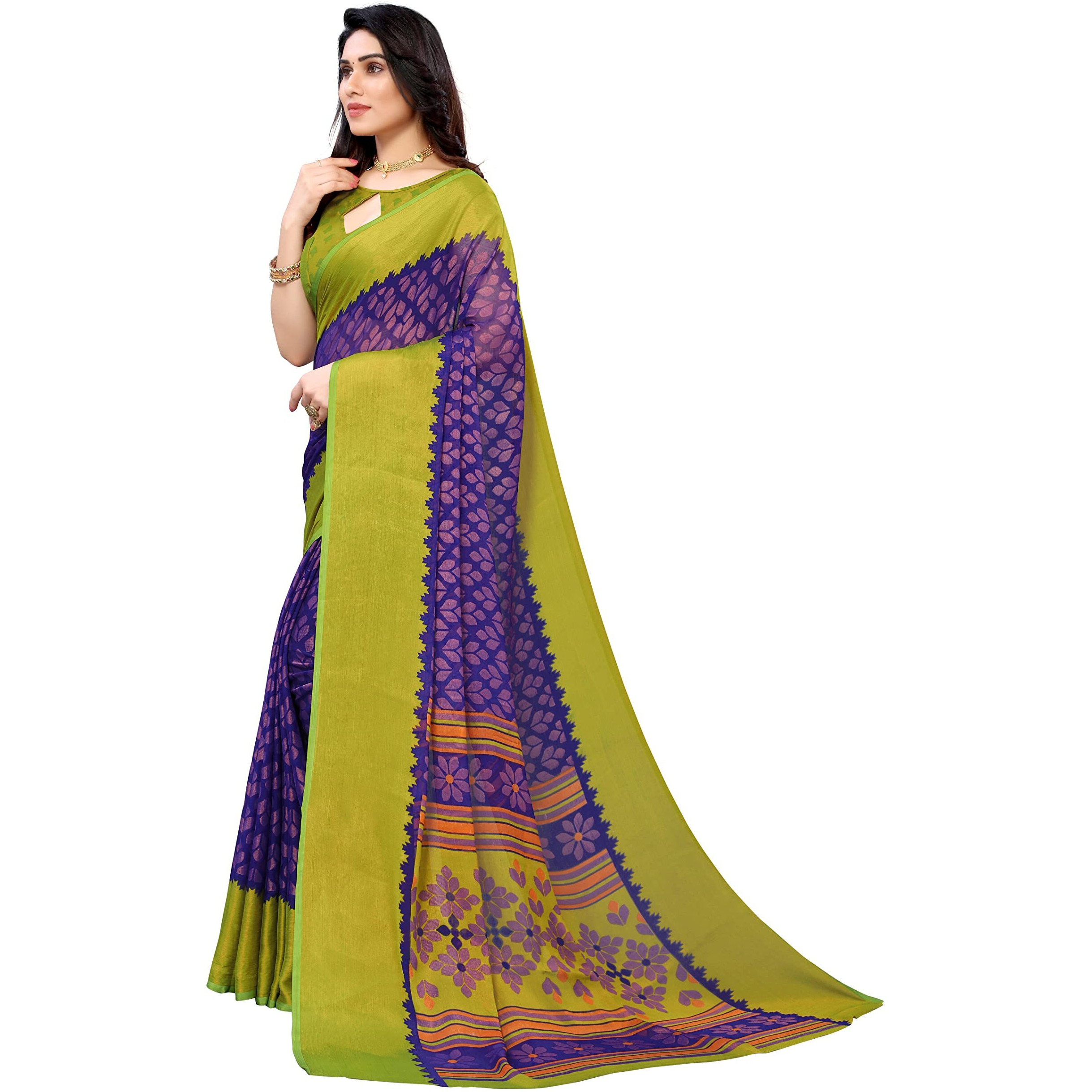 Bee M Pee Designer Womens Woven Chiffon Brasso sarees for women Blue Free