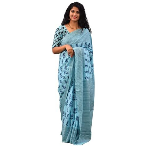 Kiaaron Womens Ikat Hand Block Print Jaipuri Cotton Mulmul Saree with Blouse Piece -Turquoise_Kia358
