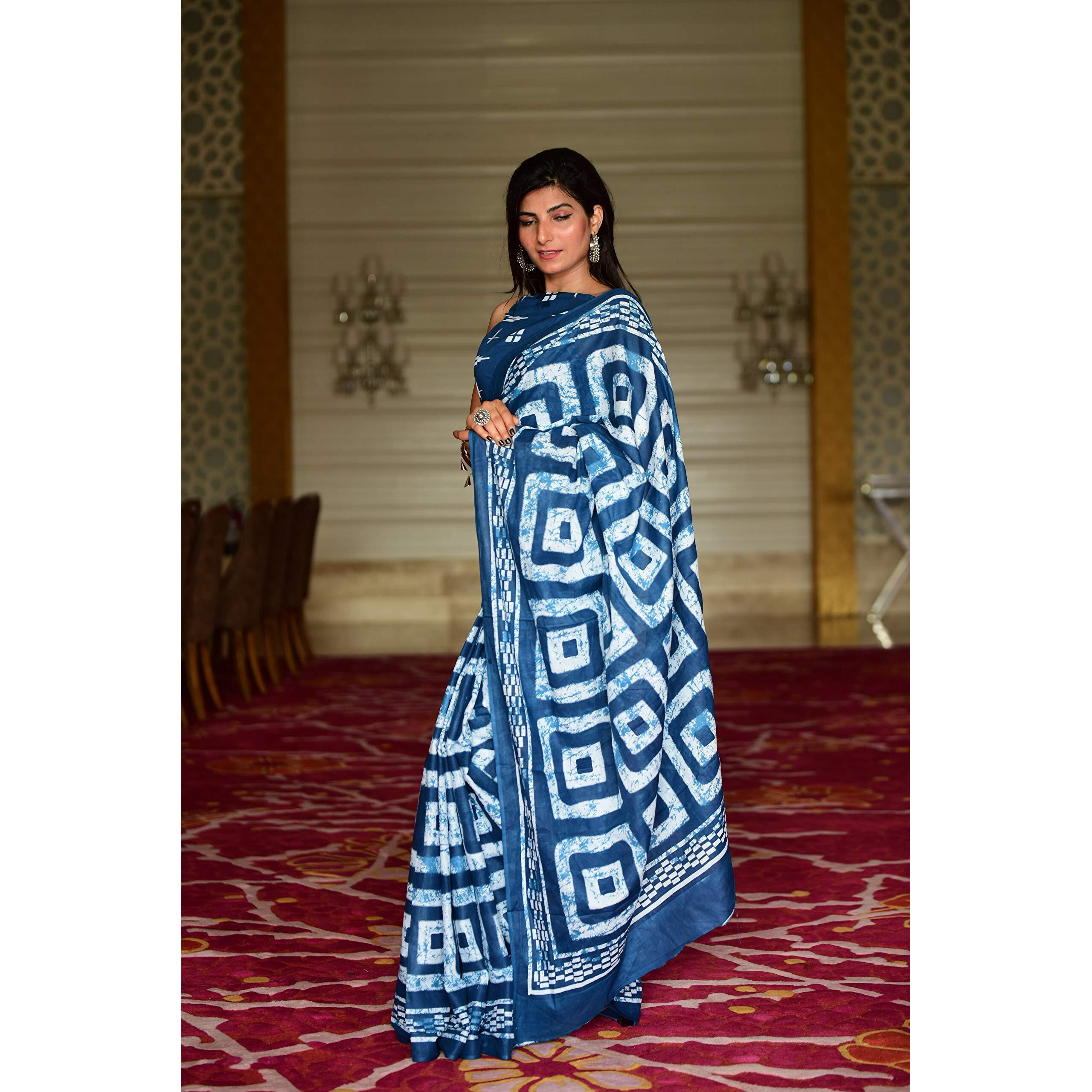 Kiaaron Womens Hand Block Kalamkari Batik Bagru Jaipuri Ikat Printed Handloom Pure Cotton Mulmul Traditional Ethnic Cotton Sarees With Printed Blouse Piece - Blue_White