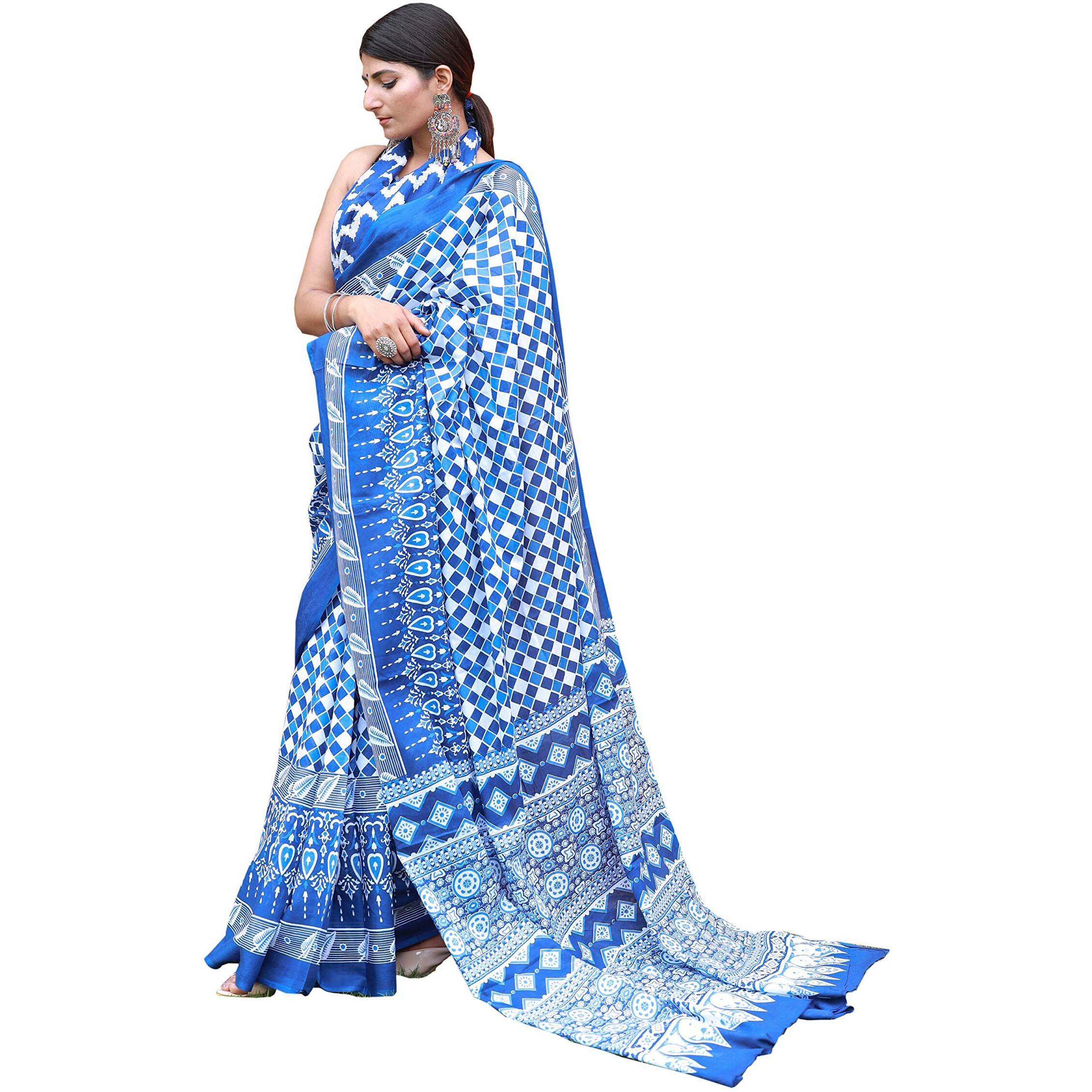 Kiaaron Womens Hand Block Kalamkari Batik Bagru Jaipuri Ikat Printed Handloom Pure Cotton Mulmul Traditional Ethnic Cotton Sarees With Printed Blouse Piece - Blue